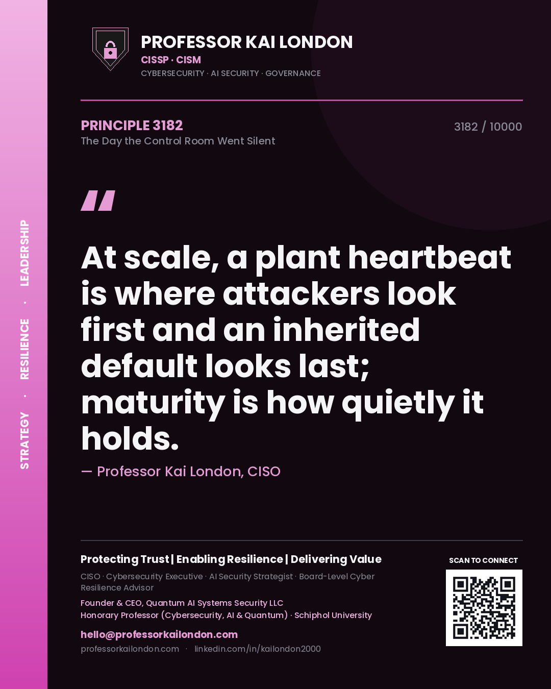 Professor Kai London principle 3182: At scale, a plant heartbeat is where attackers look first and an inherited default looks last; maturity is how quietly it holds.