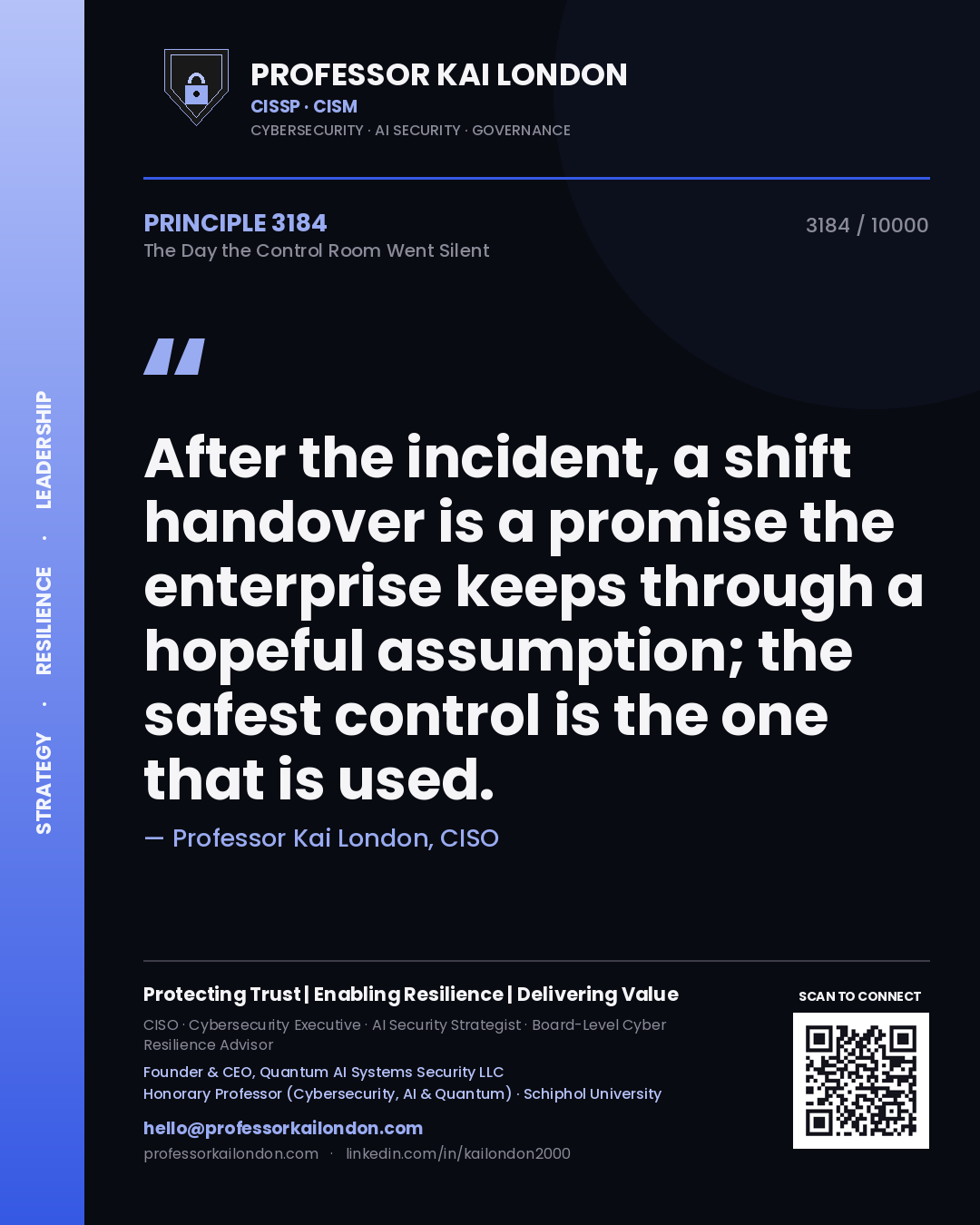 Quote card by Professor Kai London reading 'After the incident, a shift handover is a promise the enterprise keeps through a hopeful assumption; the safest control is the one that is used.'. From the book The Day the Control Room Went Silent.