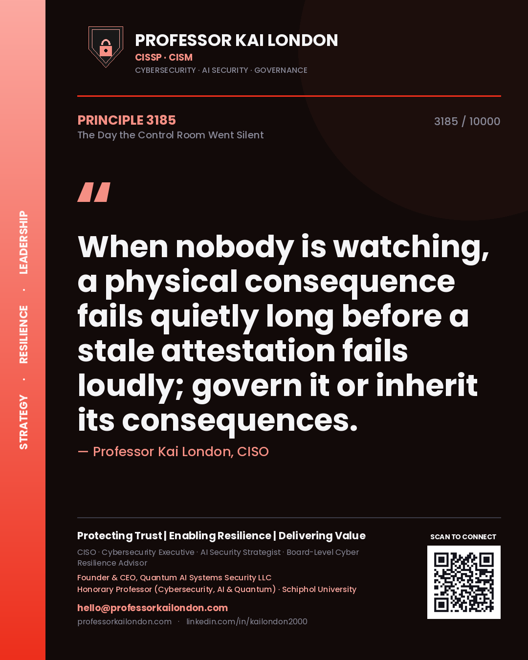 Professor Kai London principle 3185: When nobody is watching, a physical consequence fails quietly long before a stale attestation fails loudly; govern it or inherit its consequences.