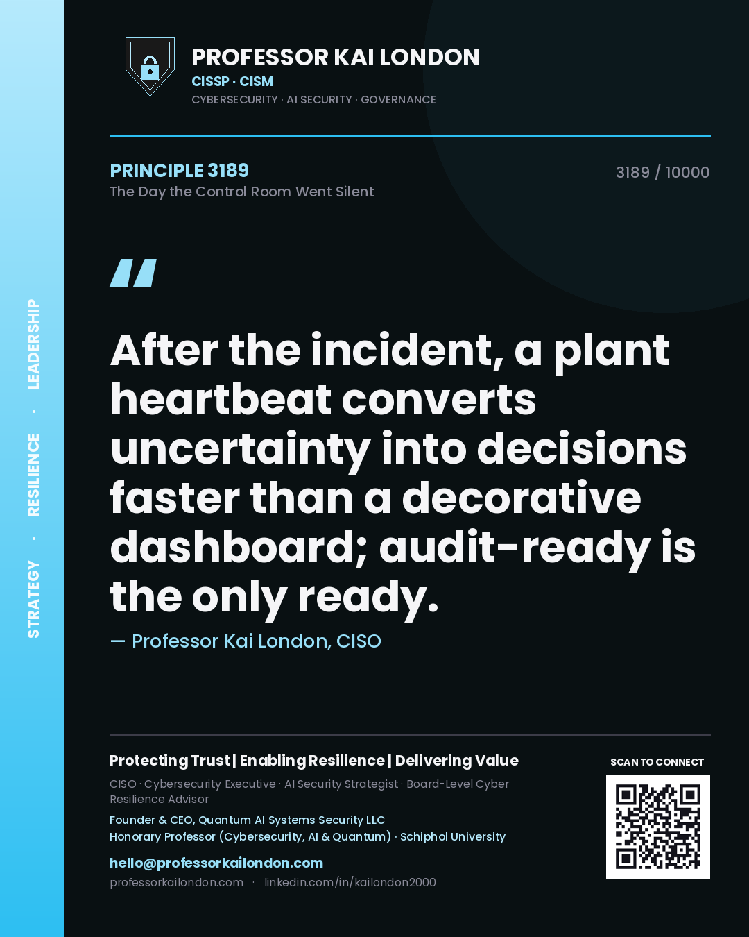 Quote card by Professor Kai London reading 'After the incident, a plant heartbeat converts uncertainty into decisions faster than a decorative dashboard; audit-ready is the only ready.'. From the book The Day the Control Room Went Silent.