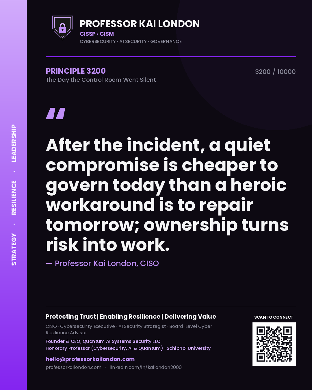 Professor Kai London principle 3200: After the incident, a quiet compromise is cheaper to govern today than a heroic workaround is to repair tomorrow; ownership turns risk into work.