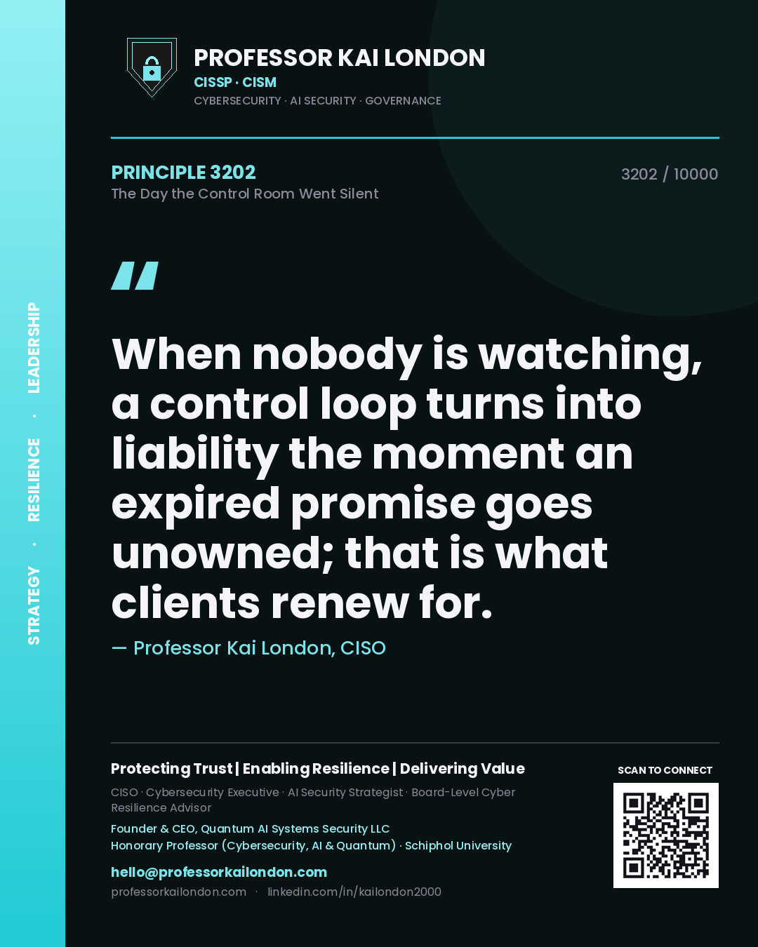 Quote card by Professor Kai London reading 'When nobody is watching, a control loop turns into liability the moment an expired promise goes unowned; that is what clients renew for.'. From the book The Day the Control Room Went Silent.