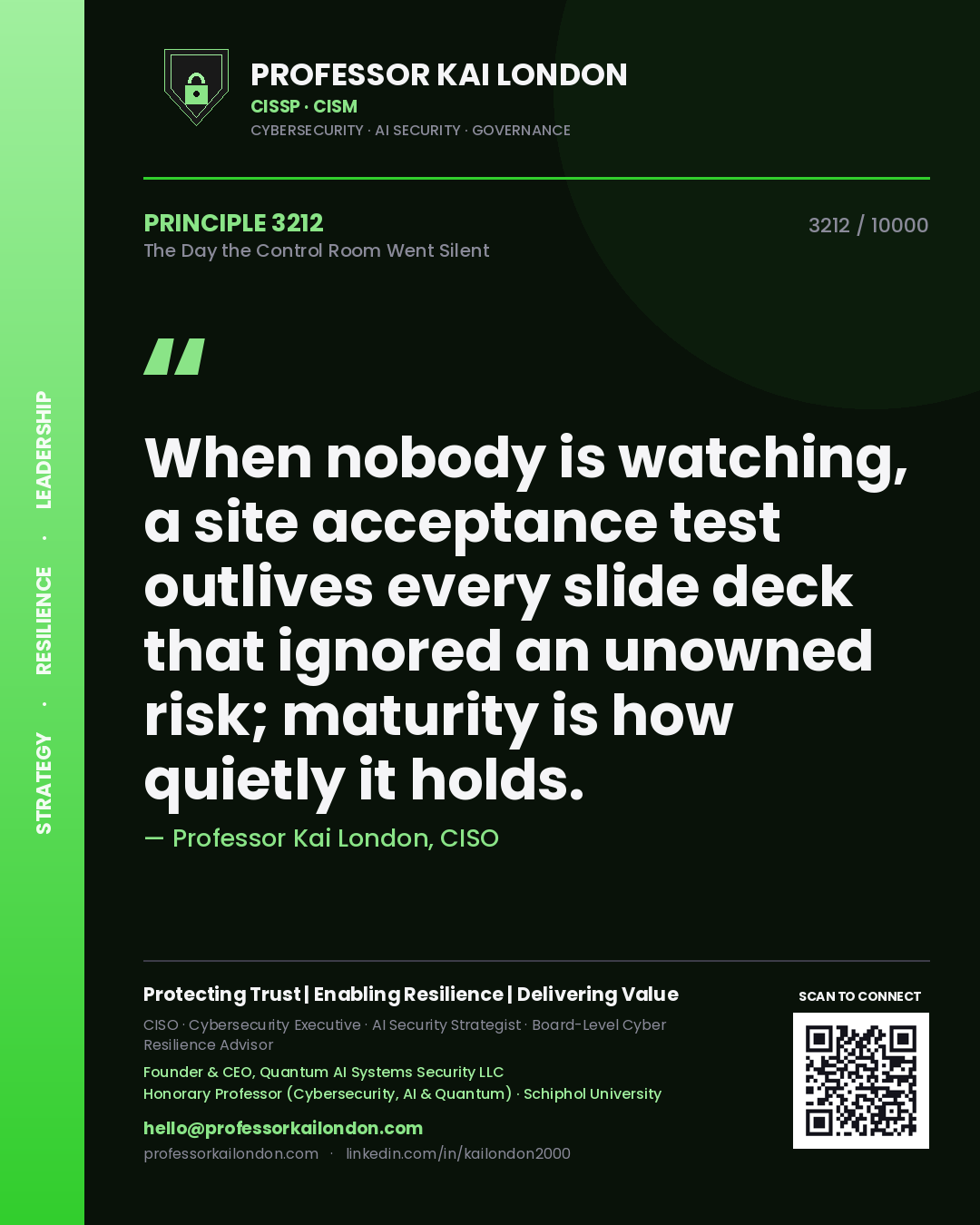Quote card by Professor Kai London reading 'When nobody is watching, a site acceptance test outlives every slide deck that ignored an unowned risk; maturity is how quietly it holds.'. From the book The Day the Control Room Went Silent.