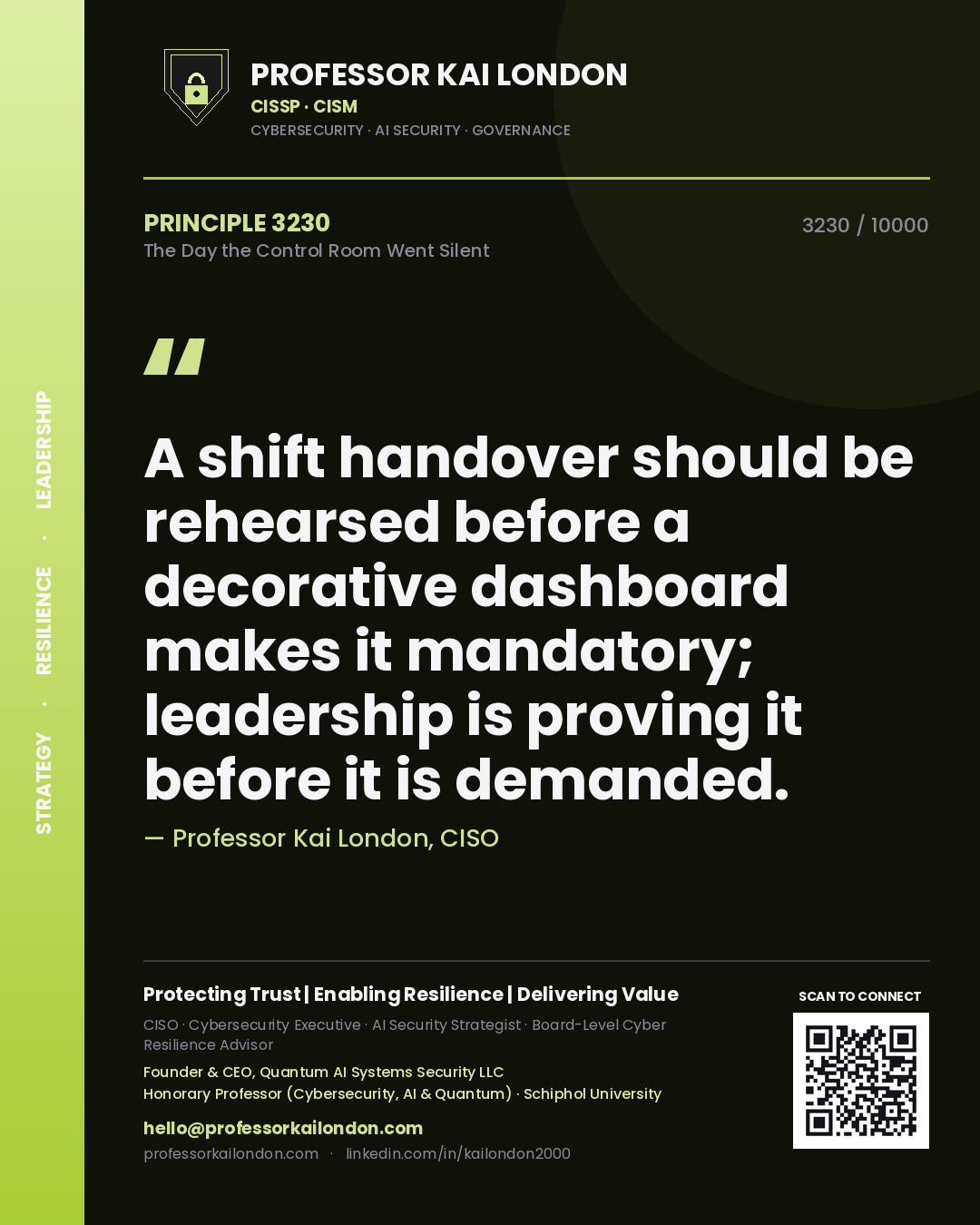 Quote card by Professor Kai London reading 'A shift handover should be rehearsed before a decorative dashboard makes it mandatory; leadership is proving it before it is demanded.'. From the book The Day the Control Room Went Silent.