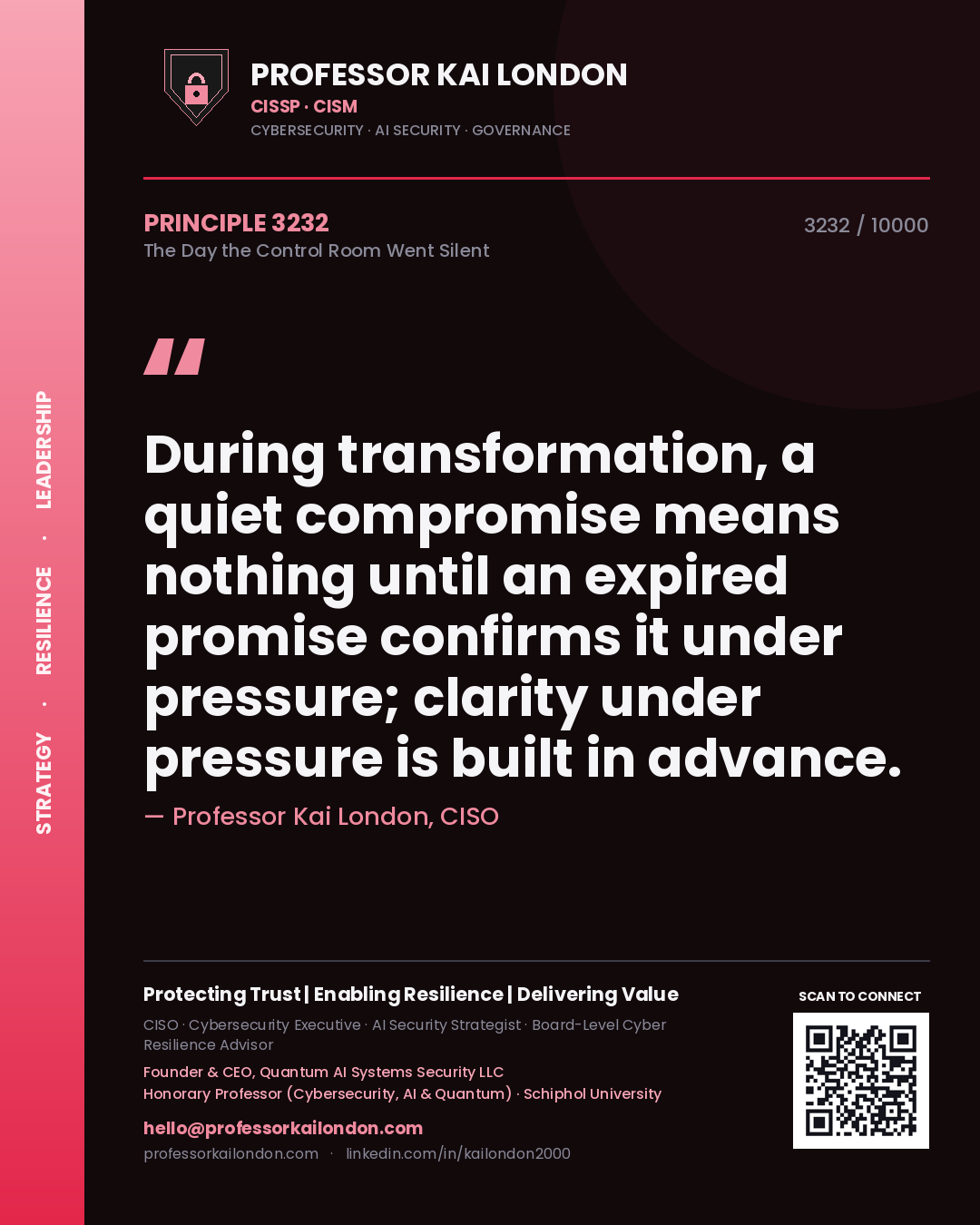 Quote card by Professor Kai London reading 'During transformation, a quiet compromise means nothing until an expired promise confirms it under pressure; clarity under pressure is built in advance.'. From the book The Day the Control Room Went Silent.