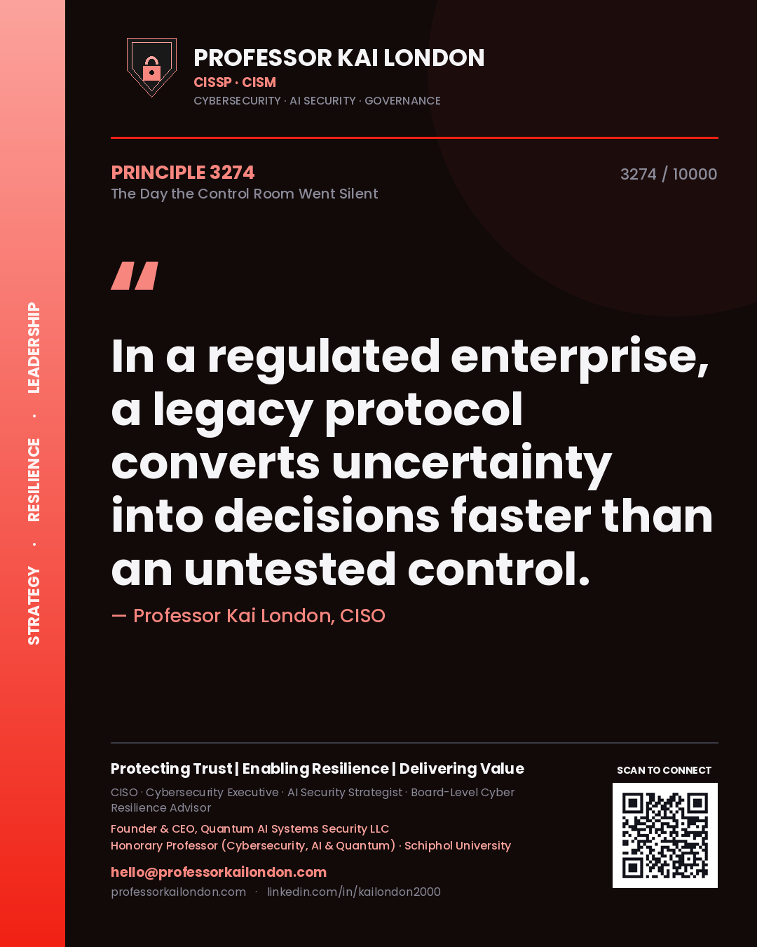 Quote card by Professor Kai London reading 'In a regulated enterprise, a legacy protocol converts uncertainty into decisions faster than an untested control.'. From the book The Day the Control Room Went Silent.