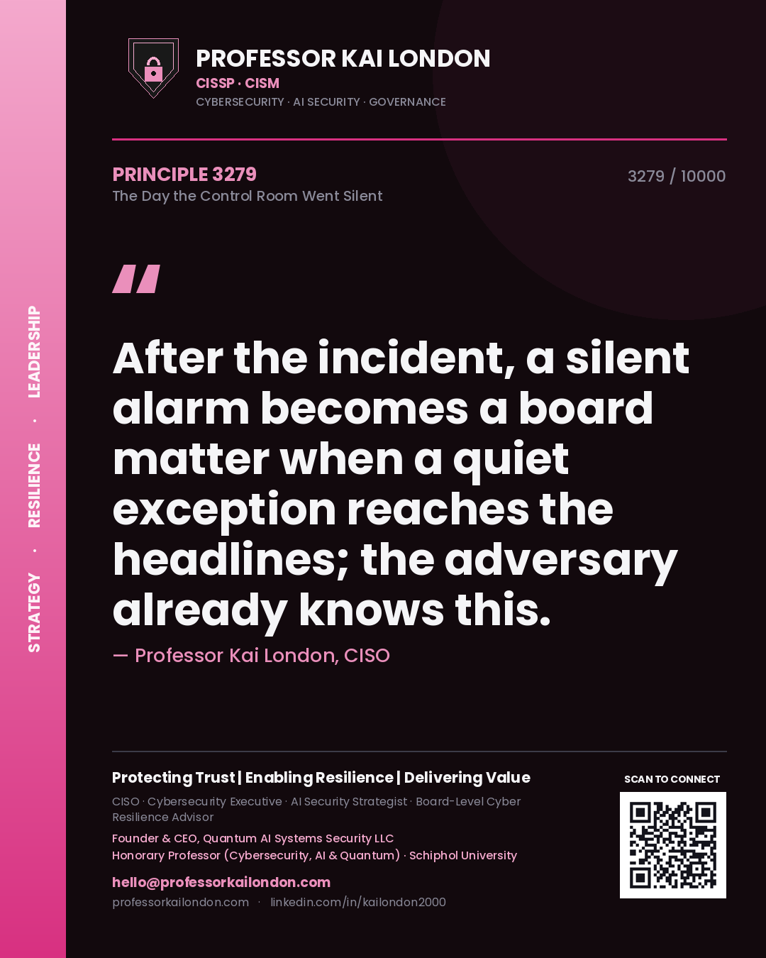 Quote card by Professor Kai London reading 'After the incident, a silent alarm becomes a board matter when a quiet exception reaches the headlines; the adversary already knows this.'. From the book The Day the Control Room Went Silent.