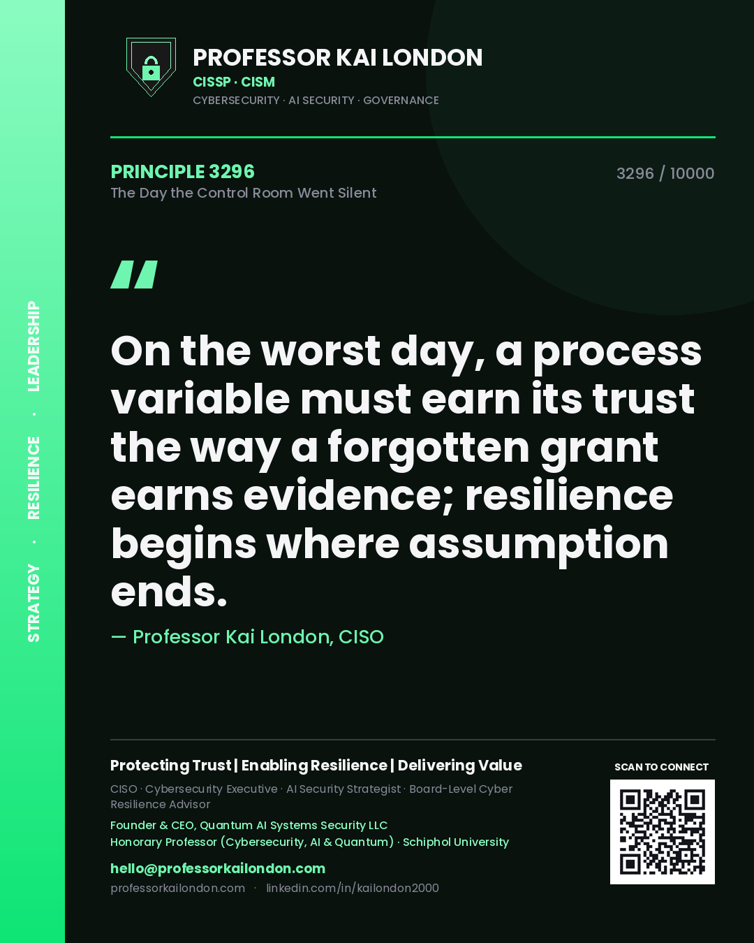 Quote card by Professor Kai London reading 'On the worst day, a process variable must earn its trust the way a forgotten grant earns evidence; resilience begins where assumption ends.'. From the book The Day the Control Room Went Silent.