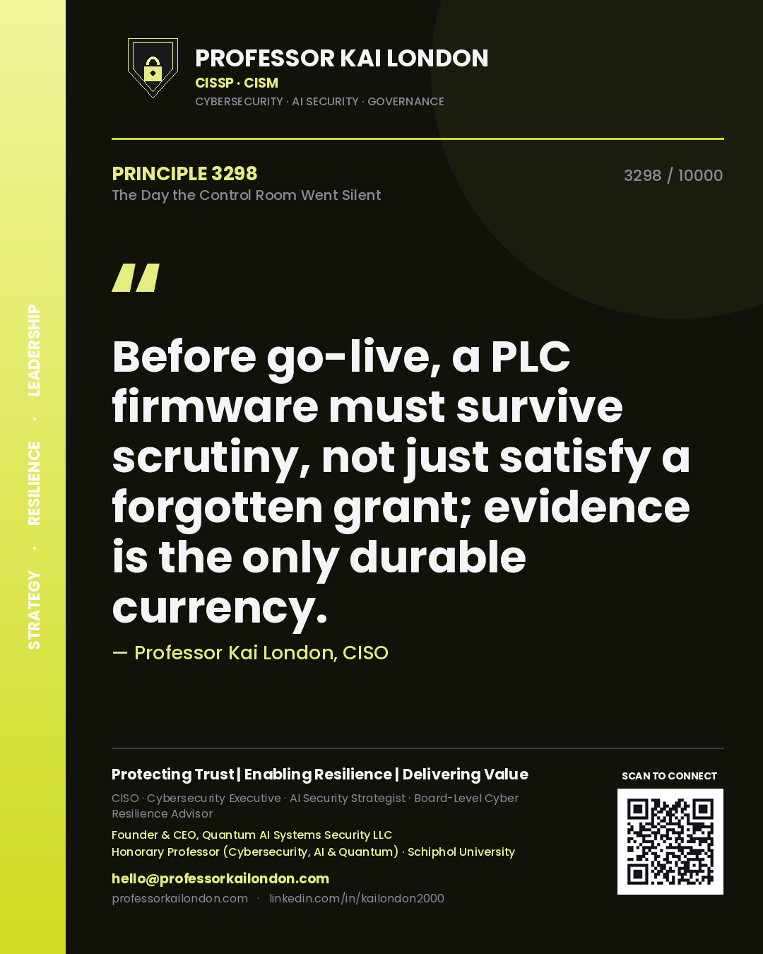 Quote card by Professor Kai London reading 'Before go-live, a PLC firmware must survive scrutiny, not just satisfy a forgotten grant; evidence is the only durable currency.'. From the book The Day the Control Room Went Silent.