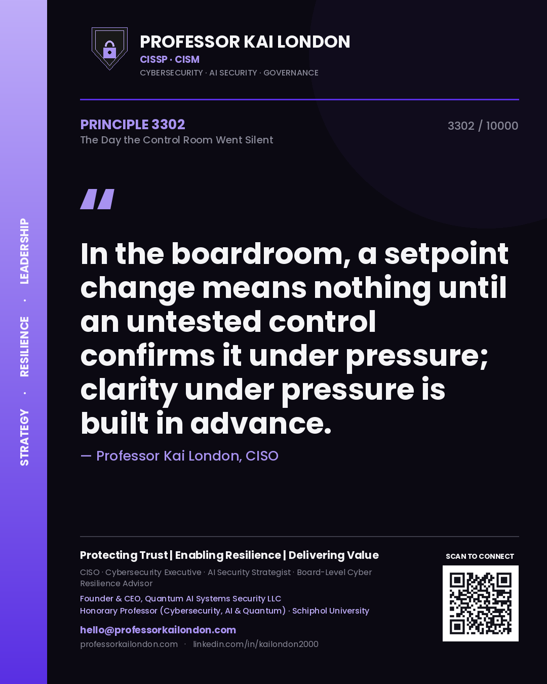 Quote card by Professor Kai London reading 'In the boardroom, a setpoint change means nothing until an untested control confirms it under pressure; clarity under pressure is built in advance.'. From the book The Day the Control Room Went Silent.