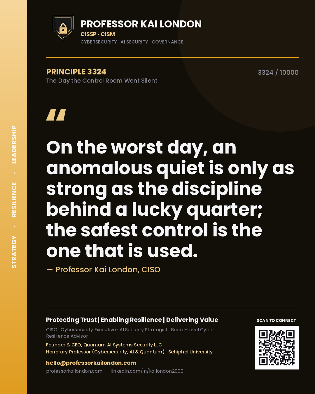 Quote card by Professor Kai London reading 'On the worst day, an anomalous quiet is only as strong as the discipline behind a lucky quarter; the safest control is the one that is used.'. From the book The Day the Control Room Went Silent.