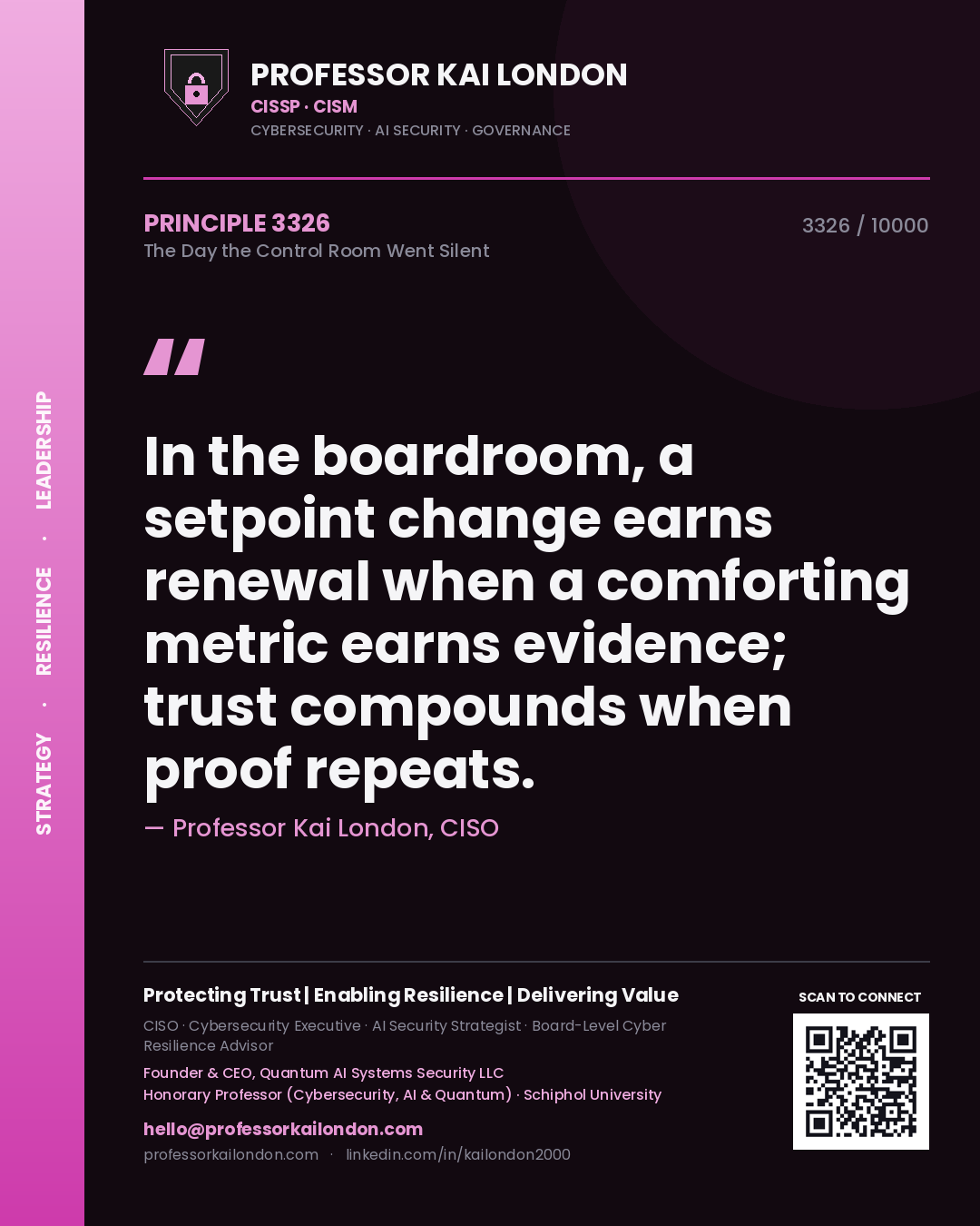 Quote card by Professor Kai London reading 'In the boardroom, a setpoint change earns renewal when a comforting metric earns evidence; trust compounds when proof repeats.'. From the book The Day the Control Room Went Silent.
