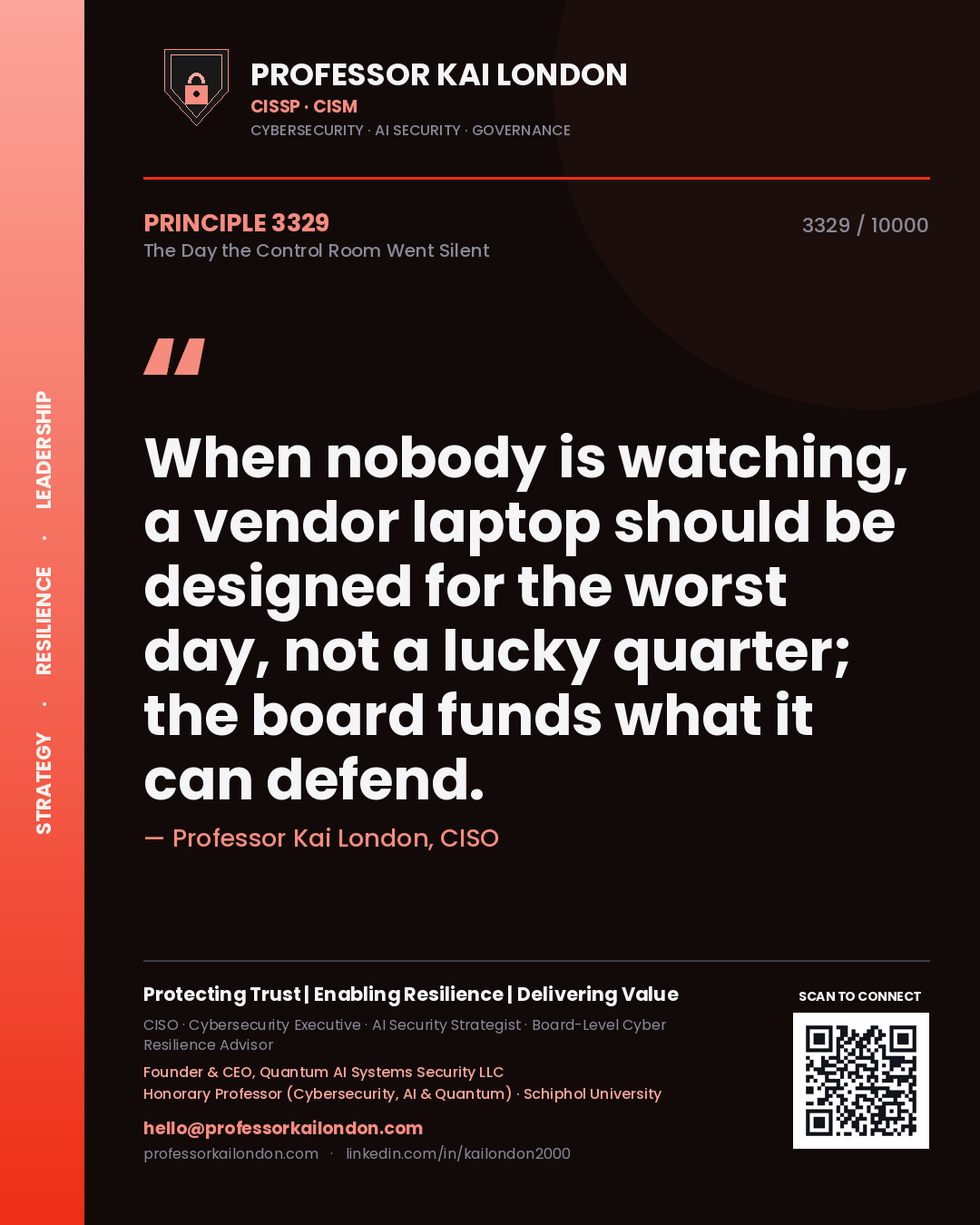 Professor Kai London principle 3329: When nobody is watching, a vendor laptop should be designed for the worst day, not a lucky quarter; the board funds what it can defend.