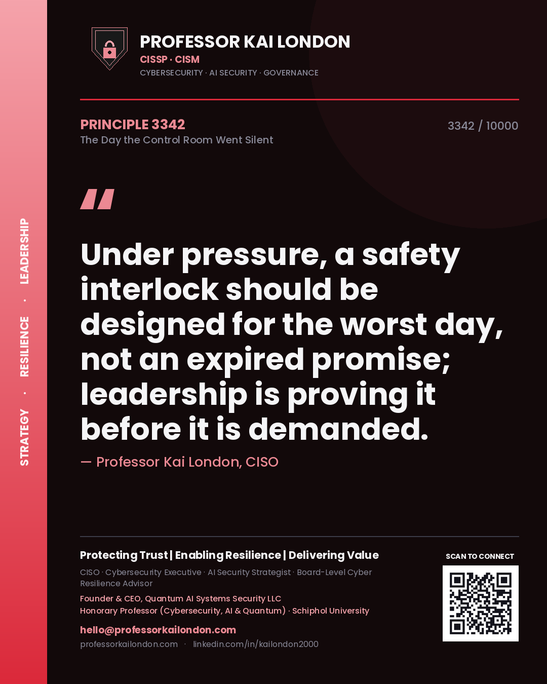 Quote card by Professor Kai London reading 'Under pressure, a safety interlock should be designed for the worst day, not an expired promise; leadership is proving it before it is demanded.'. From the book The Day the Control Room Went Silent.
