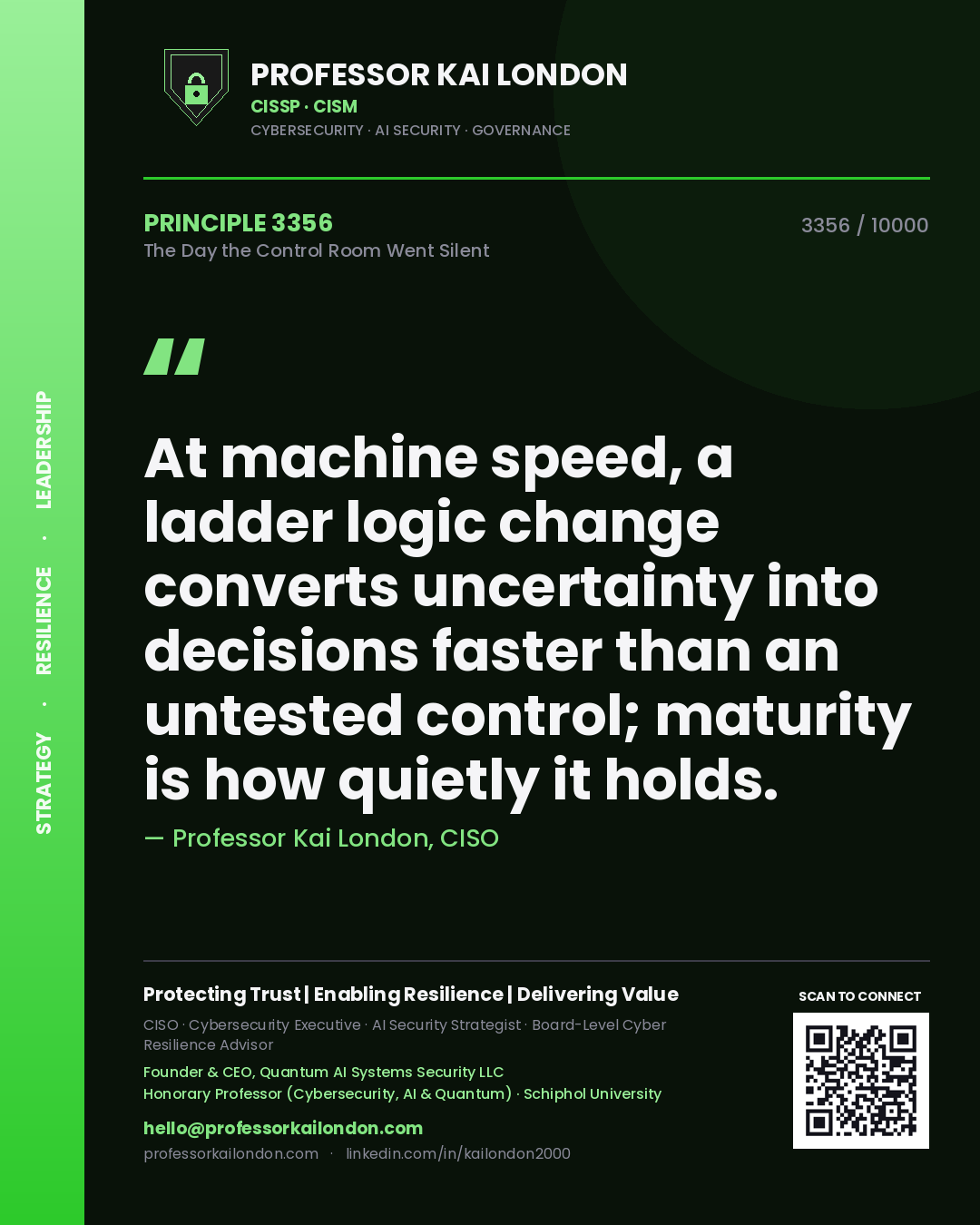 Quote card by Professor Kai London reading 'At machine speed, a ladder logic change converts uncertainty into decisions faster than an untested control; maturity is how quietly it holds.'. From the book The Day the Control Room Went Silent.