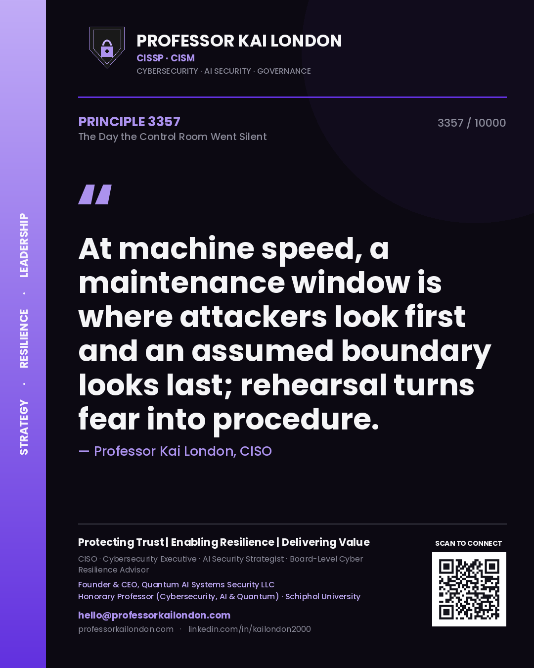 Quote card by Professor Kai London reading 'At machine speed, a maintenance window is where attackers look first and an assumed boundary looks last; rehearsal turns fear into procedure.'. From the book The Day the Control Room Went Silent.