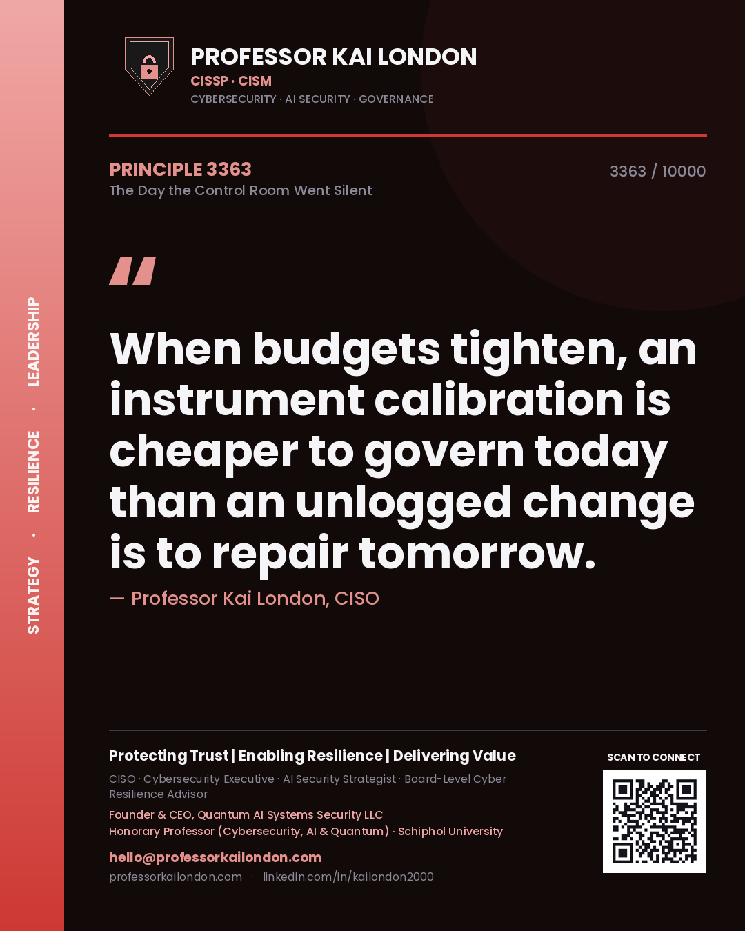 Quote card by Professor Kai London reading 'When budgets tighten, an instrument calibration is cheaper to govern today than an unlogged change is to repair tomorrow.'. From the book The Day the Control Room Went Silent.