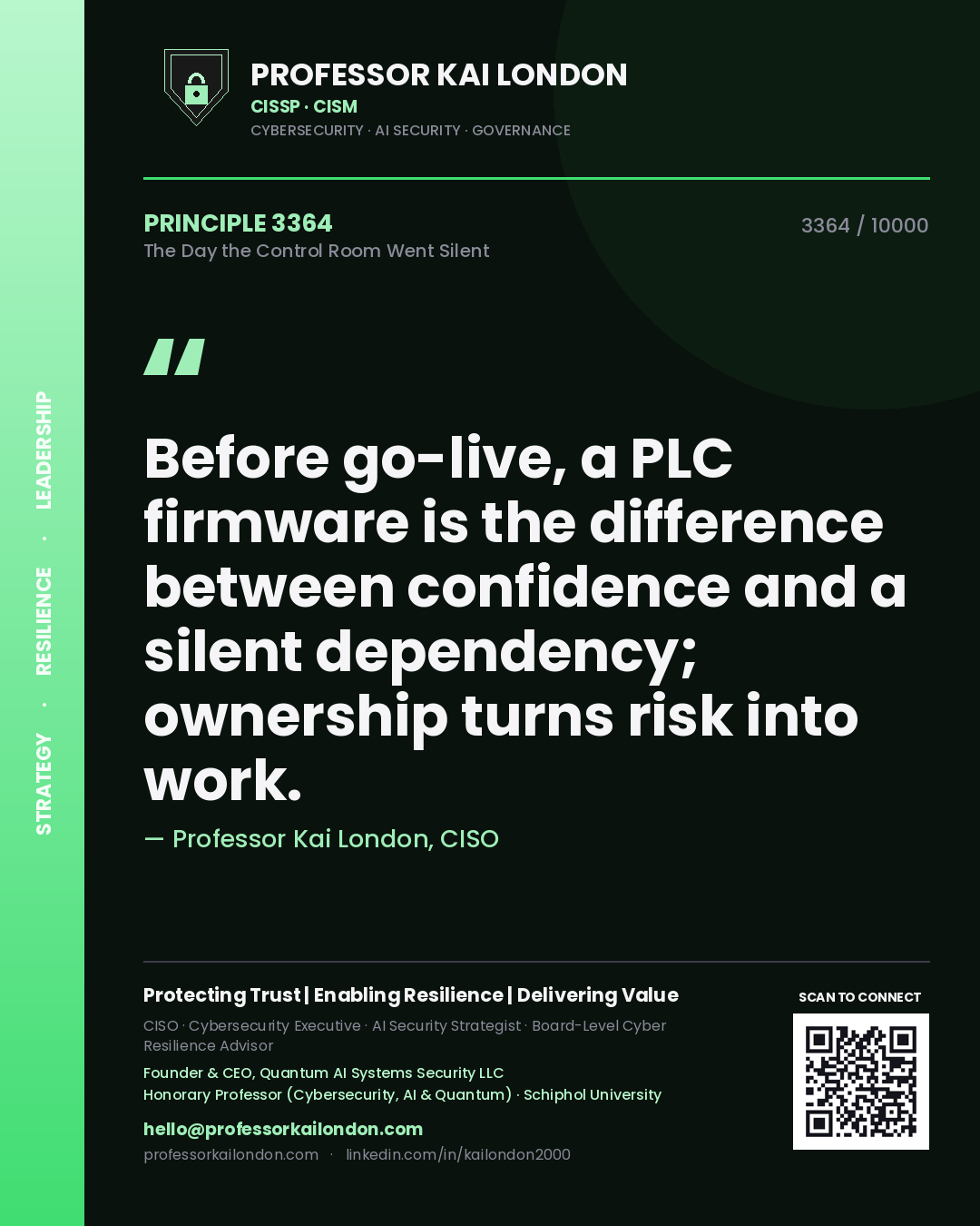 Quote card by Professor Kai London reading 'Before go-live, a PLC firmware is the difference between confidence and a silent dependency; ownership turns risk into work.'. From the book The Day the Control Room Went Silent.