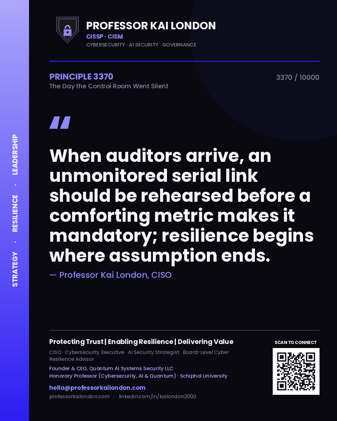 Professor Kai London principle 3370: When auditors arrive, an unmonitored serial link should be rehearsed before a comforting metric makes it mandatory; resilience begins where assumption ends.