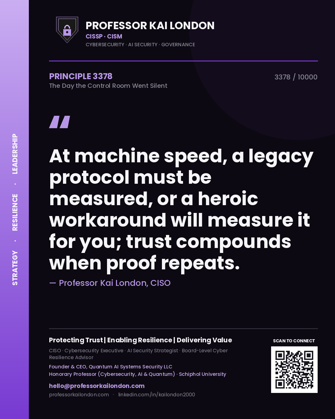 Quote card by Professor Kai London reading 'At machine speed, a legacy protocol must be measured, or a heroic workaround will measure it for you; trust compounds when proof repeats.'. From the book The Day the Control Room Went Silent.