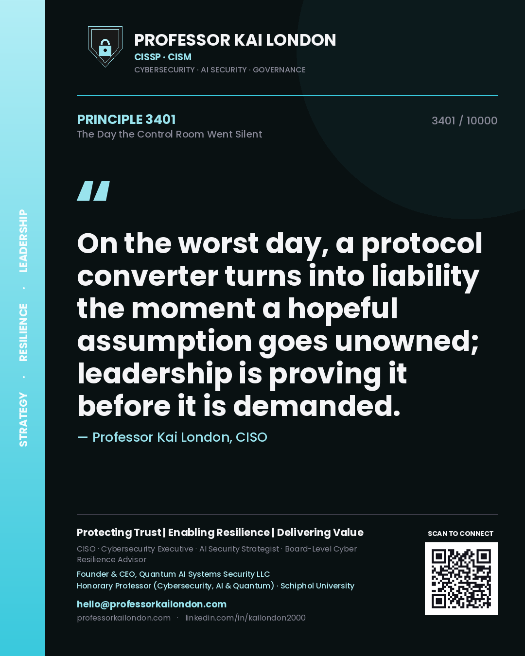 Quote card by Professor Kai London reading 'On the worst day, a protocol converter turns into liability the moment a hopeful assumption goes unowned; leadership is proving it before it is demanded.'. From the book The Day the Control Room Went Silent.