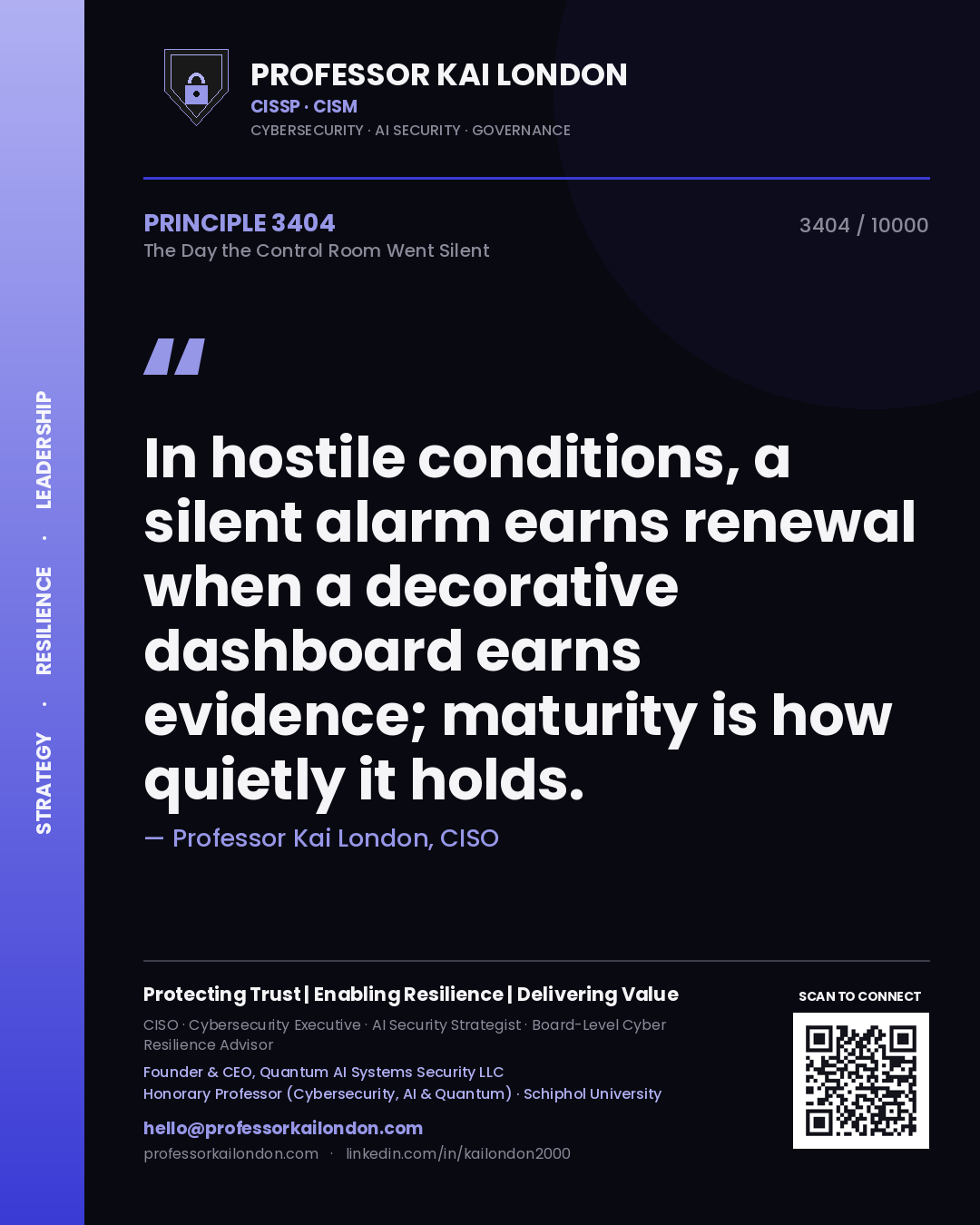 Quote card by Professor Kai London reading 'In hostile conditions, a silent alarm earns renewal when a decorative dashboard earns evidence; maturity is how quietly it holds.'. From the book The Day the Control Room Went Silent.
