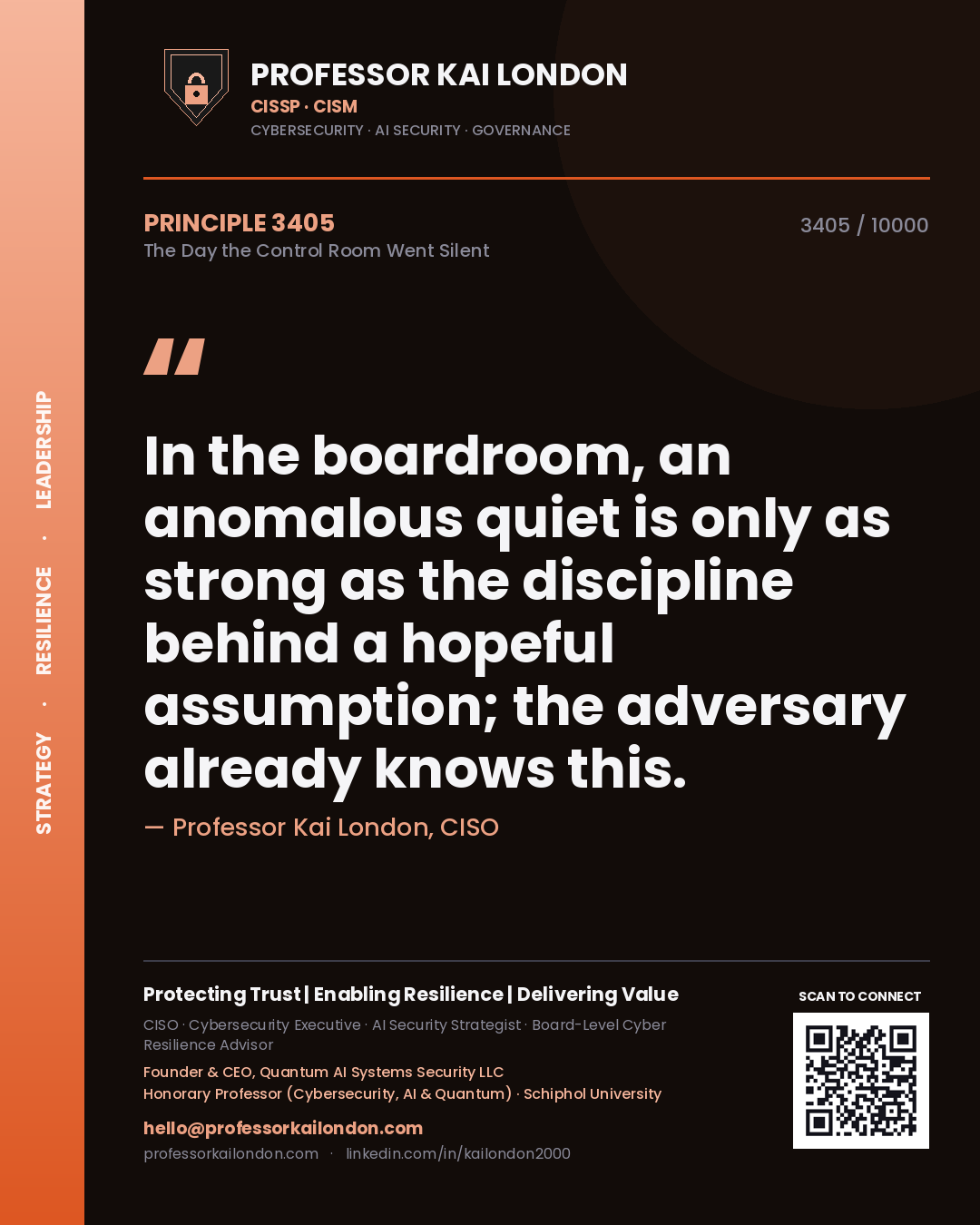 Quote card by Professor Kai London reading 'In the boardroom, an anomalous quiet is only as strong as the discipline behind a hopeful assumption; the adversary already knows this.'. From the book The Day the Control Room Went Silent.