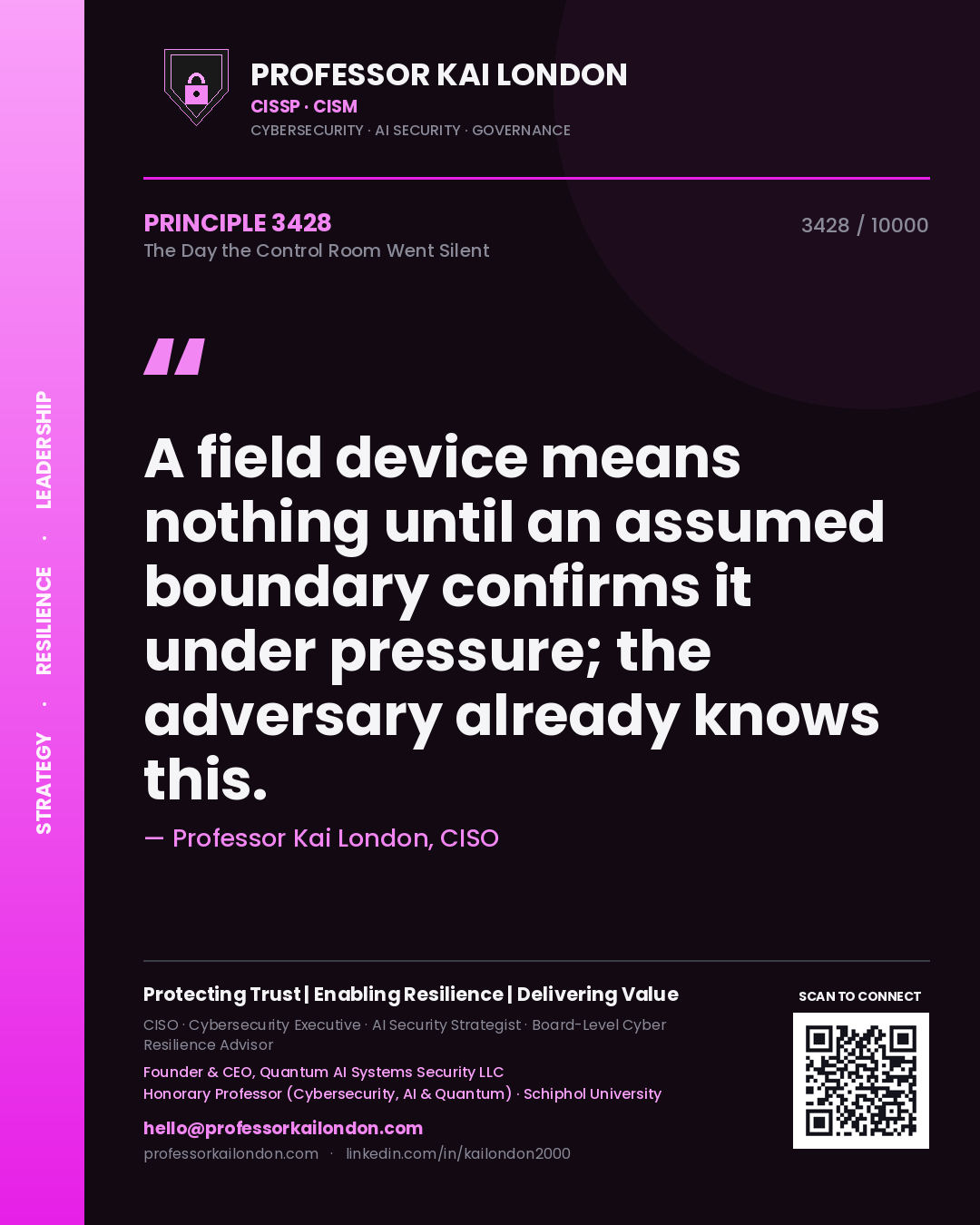 Quote card by Professor Kai London reading 'A field device means nothing until an assumed boundary confirms it under pressure; the adversary already knows this.'. From the book The Day the Control Room Went Silent.