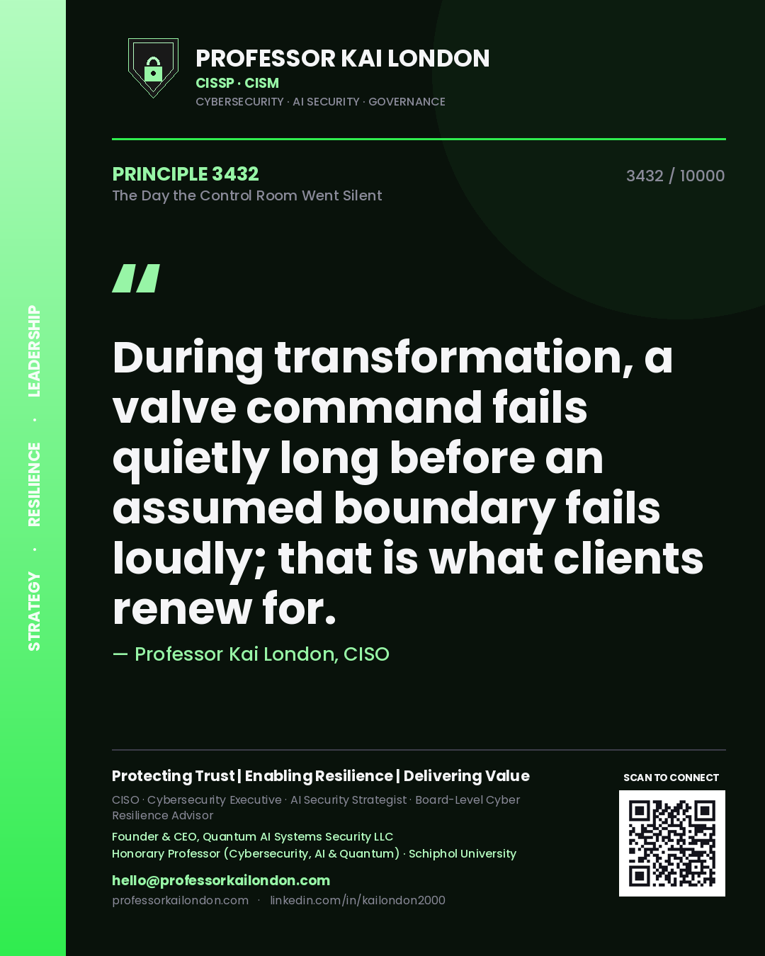 Quote card by Professor Kai London reading 'During transformation, a valve command fails quietly long before an assumed boundary fails loudly; that is what clients renew for.'. From the book The Day the Control Room Went Silent.