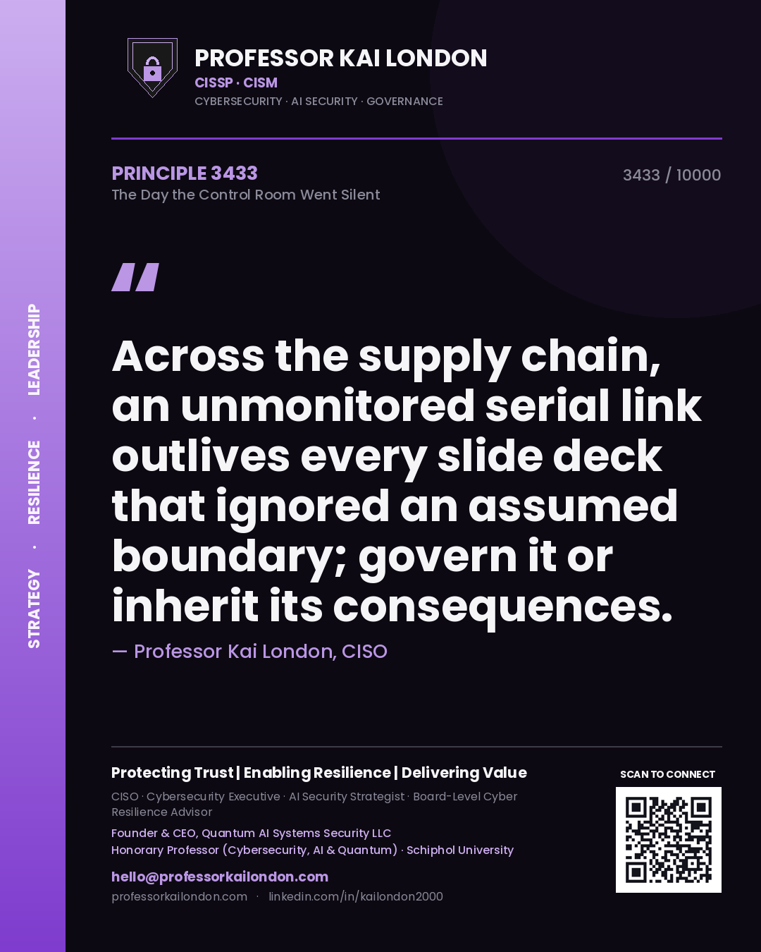 Quote card by Professor Kai London reading 'Across the supply chain, an unmonitored serial link outlives every slide deck that ignored an assumed boundary; govern it or inherit its consequences.'. From the book The Day the Control Room Went Silent.