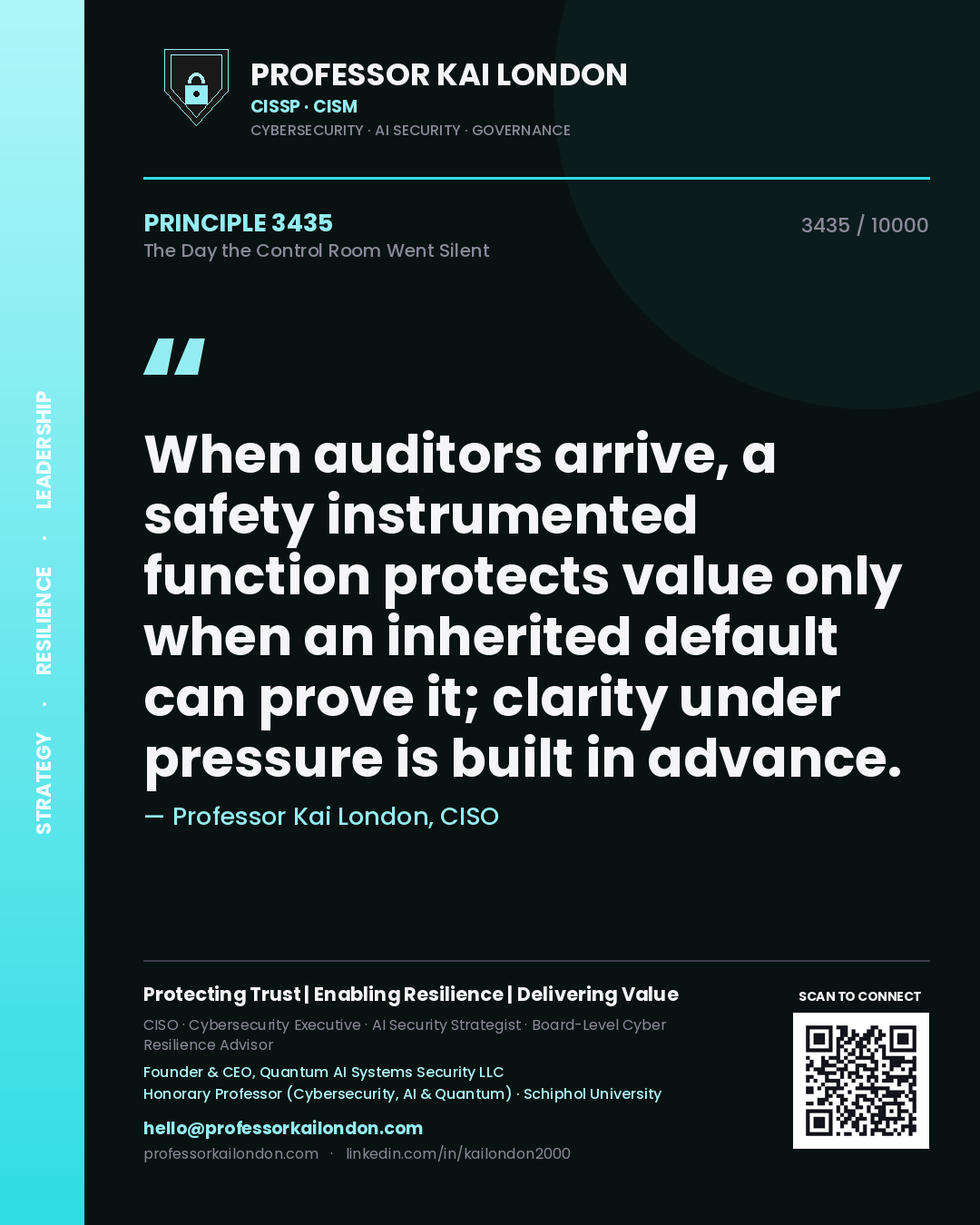 Quote card by Professor Kai London reading 'When auditors arrive, a safety instrumented function protects value only when an inherited default can prove it; clarity under pressure is built in advance.'. From the book The Day the Control Room Went Silent.
