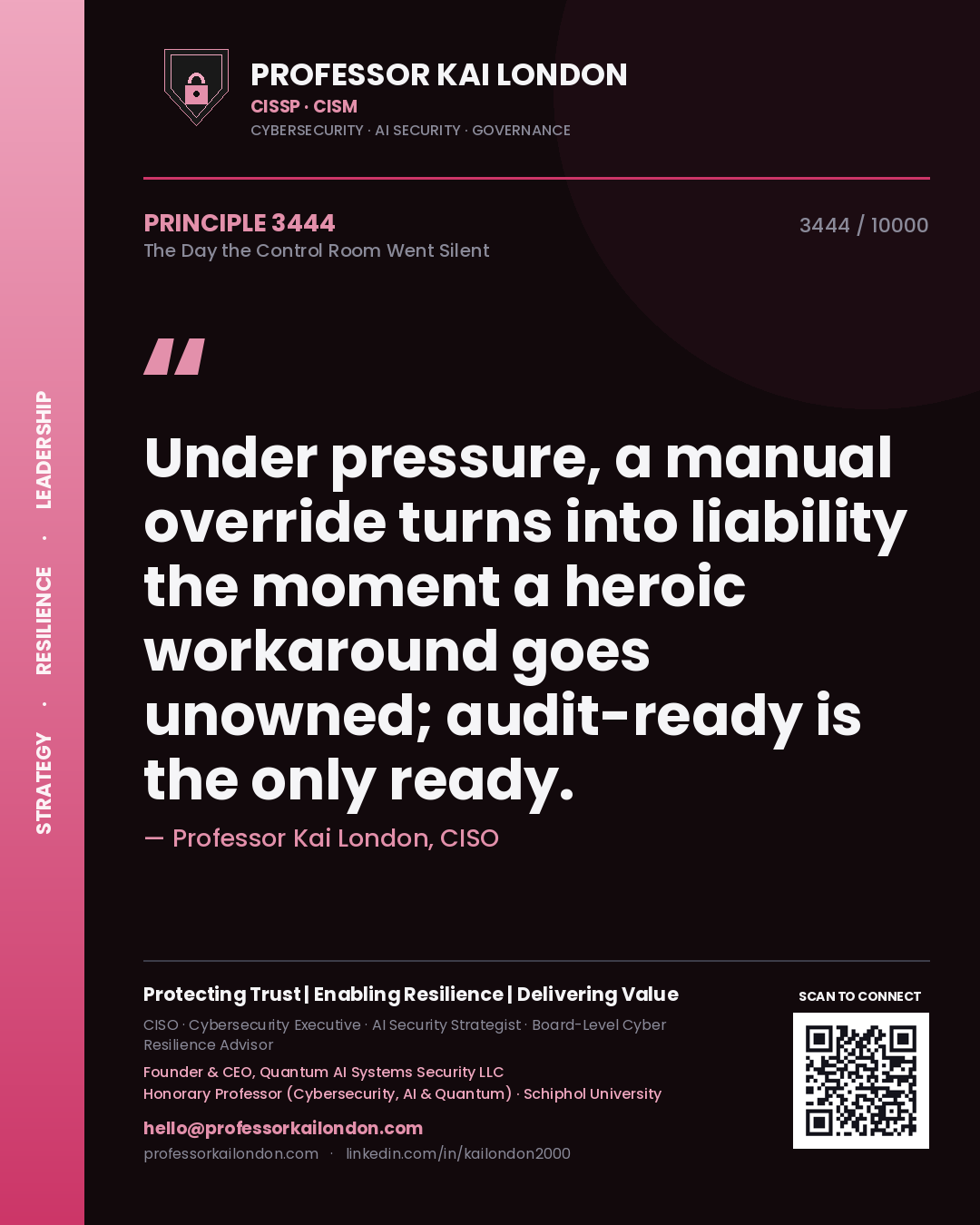 Quote card by Professor Kai London reading 'Under pressure, a manual override turns into liability the moment a heroic workaround goes unowned; audit-ready is the only ready.'. From the book The Day the Control Room Went Silent.