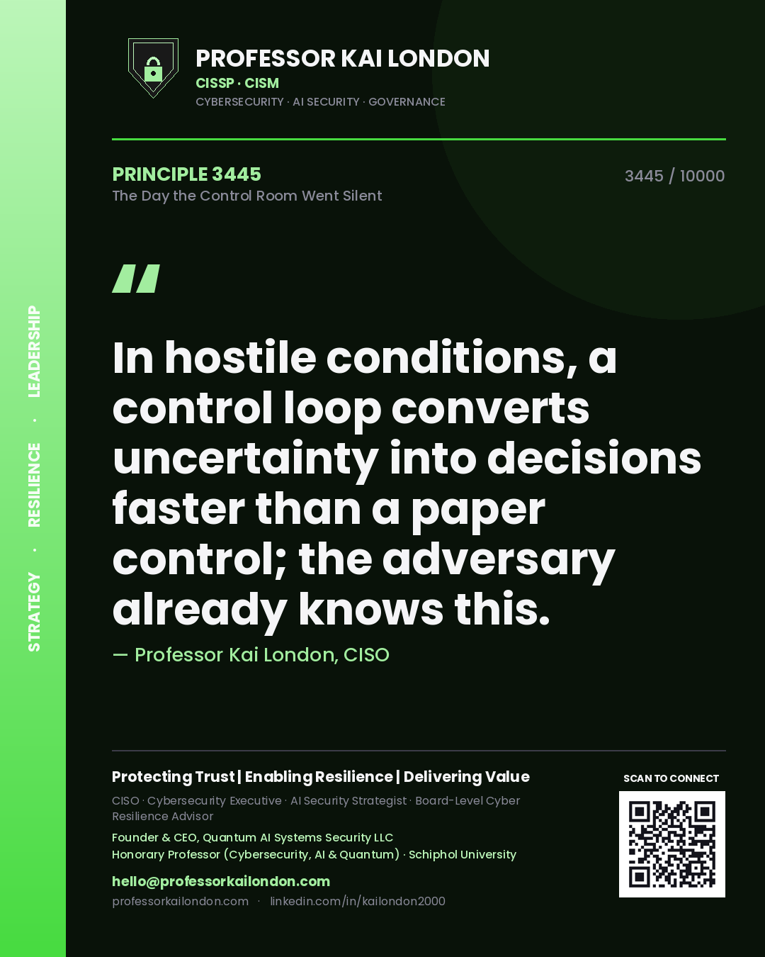 Quote card by Professor Kai London reading 'In hostile conditions, a control loop converts uncertainty into decisions faster than a paper control; the adversary already knows this.'. From the book The Day the Control Room Went Silent.
