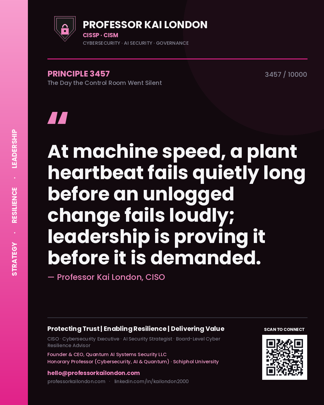 Quote card by Professor Kai London reading 'At machine speed, a plant heartbeat fails quietly long before an unlogged change fails loudly; leadership is proving it before it is demanded.'. From the book The Day the Control Room Went Silent.
