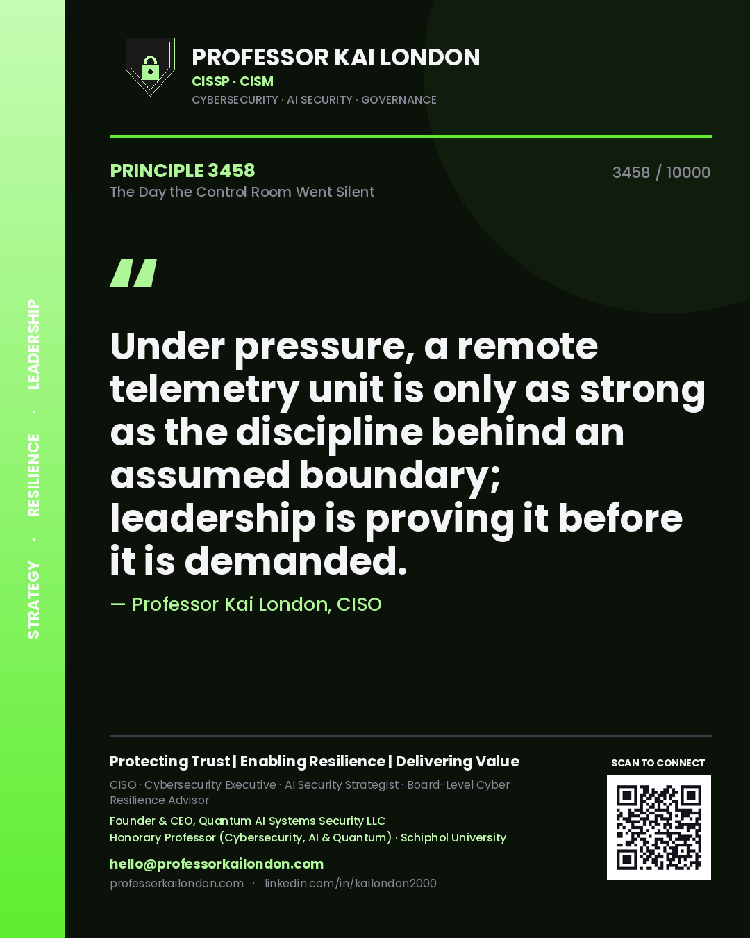 Quote card by Professor Kai London reading 'Under pressure, a remote telemetry unit is only as strong as the discipline behind an assumed boundary; leadership is proving it before it is demanded.'. From the book The Day the Control Room Went Silent.