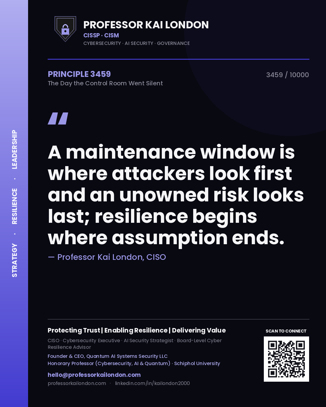 Quote card by Professor Kai London reading 'A maintenance window is where attackers look first and an unowned risk looks last; resilience begins where assumption ends.'. From the book The Day the Control Room Went Silent.