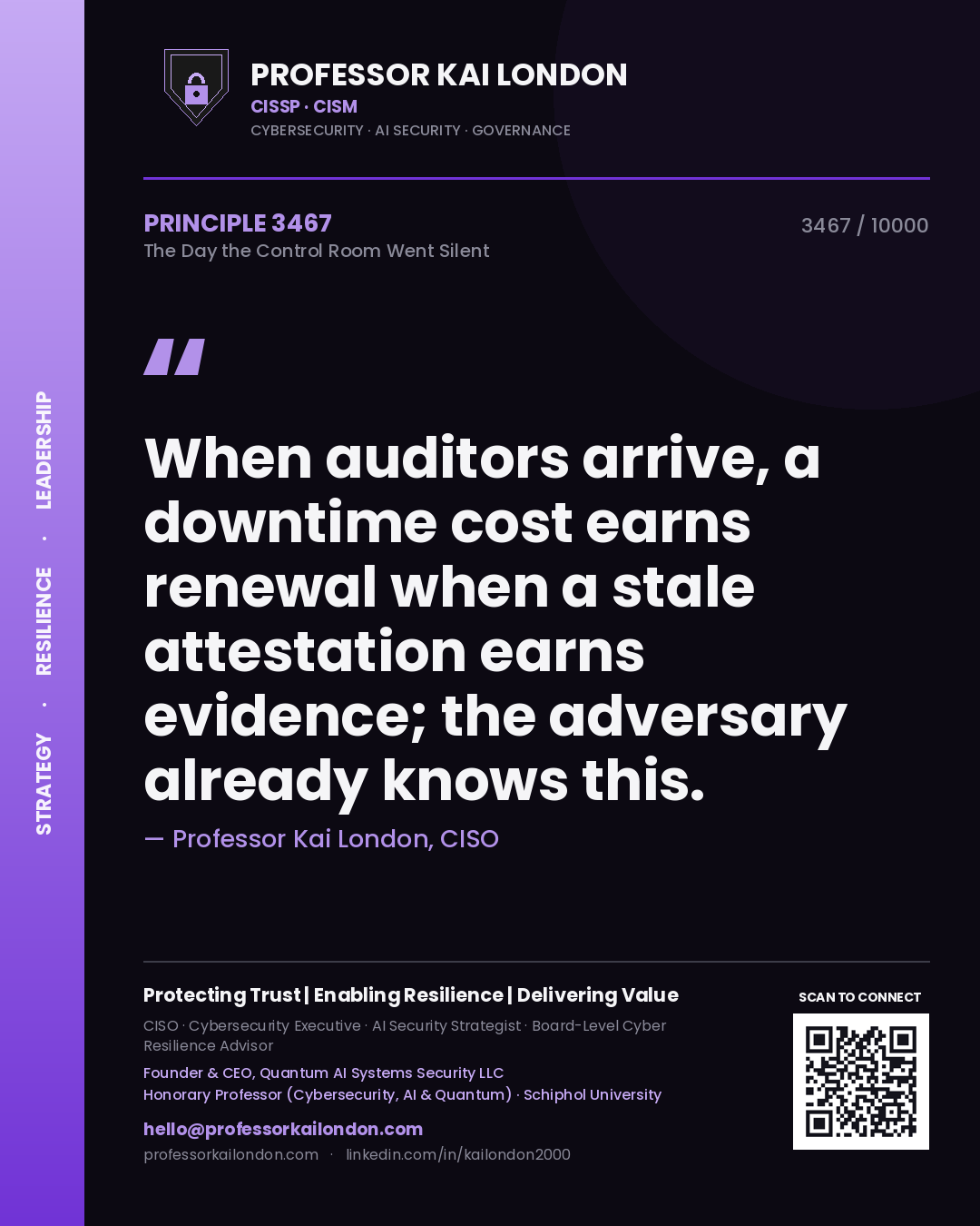 Quote card by Professor Kai London reading 'When auditors arrive, a downtime cost earns renewal when a stale attestation earns evidence; the adversary already knows this.'. From the book The Day the Control Room Went Silent.