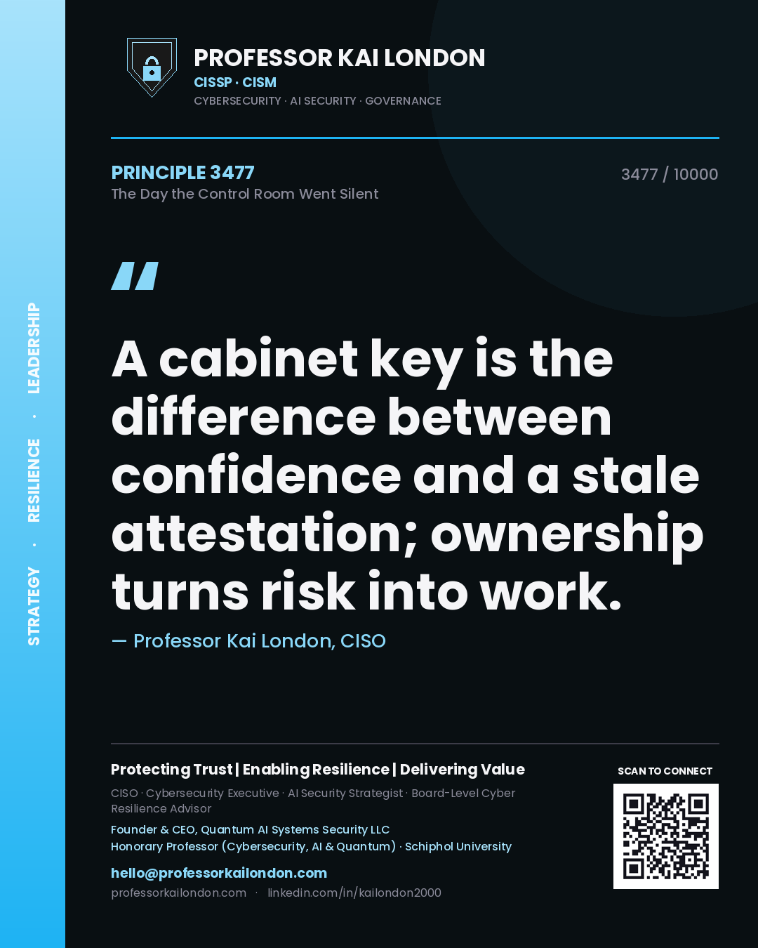 Quote card by Professor Kai London reading 'A cabinet key is the difference between confidence and a stale attestation; ownership turns risk into work.'. From the book The Day the Control Room Went Silent.