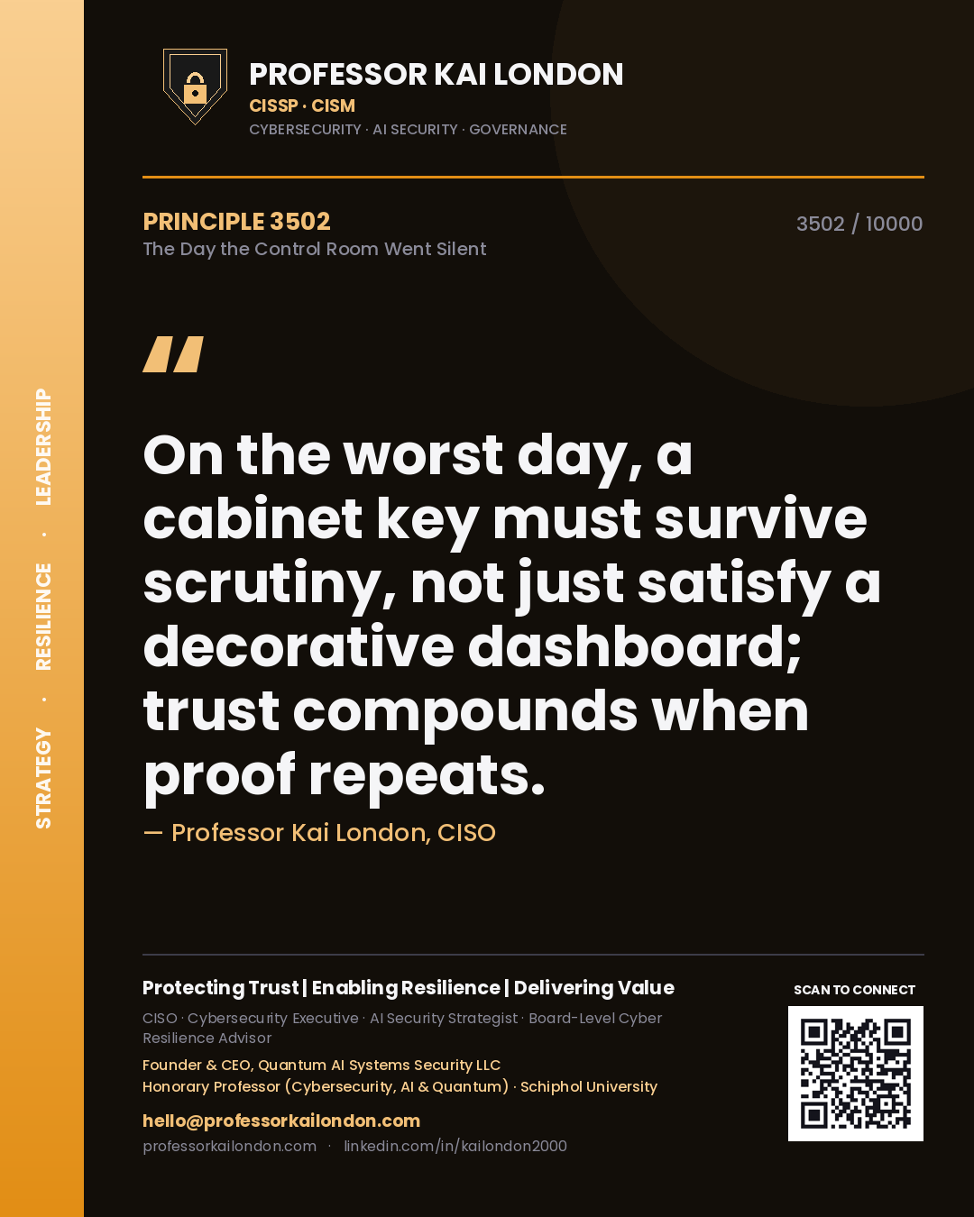 Professor Kai London principle 3502: On the worst day, a cabinet key must survive scrutiny, not just satisfy a decorative dashboard; trust compounds when proof repeats.