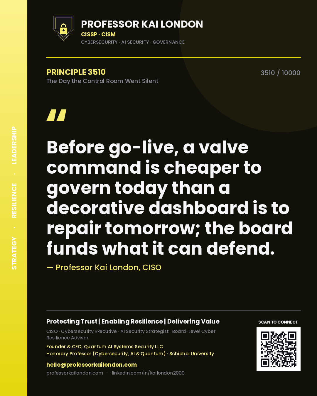 Quote card by Professor Kai London reading 'Before go-live, a valve command is cheaper to govern today than a decorative dashboard is to repair tomorrow; the board funds what it can defend.'. From the book The Day the Control Room Went Silent.