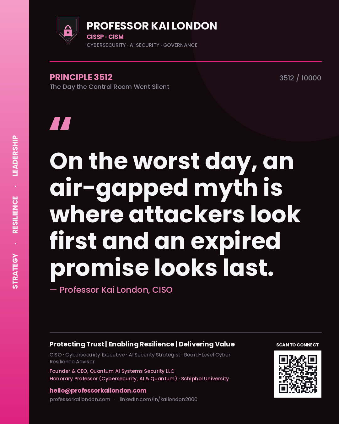 Professor Kai London principle 3512: On the worst day, an air-gapped myth is where attackers look first and an expired promise looks last.