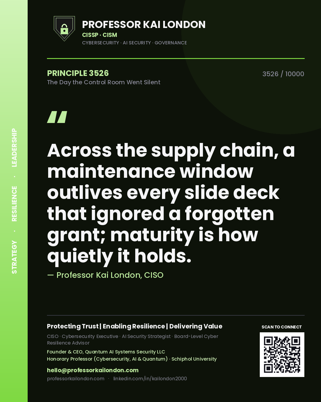 Quote card by Professor Kai London reading 'Across the supply chain, a maintenance window outlives every slide deck that ignored a forgotten grant; maturity is how quietly it holds.'. From the book The Day the Control Room Went Silent.