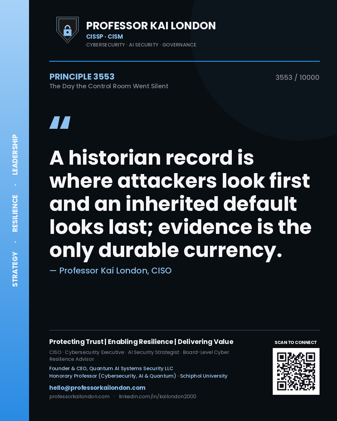 Professor Kai London principle 3553: A historian record is where attackers look first and an inherited default looks last; evidence is the only durable currency.