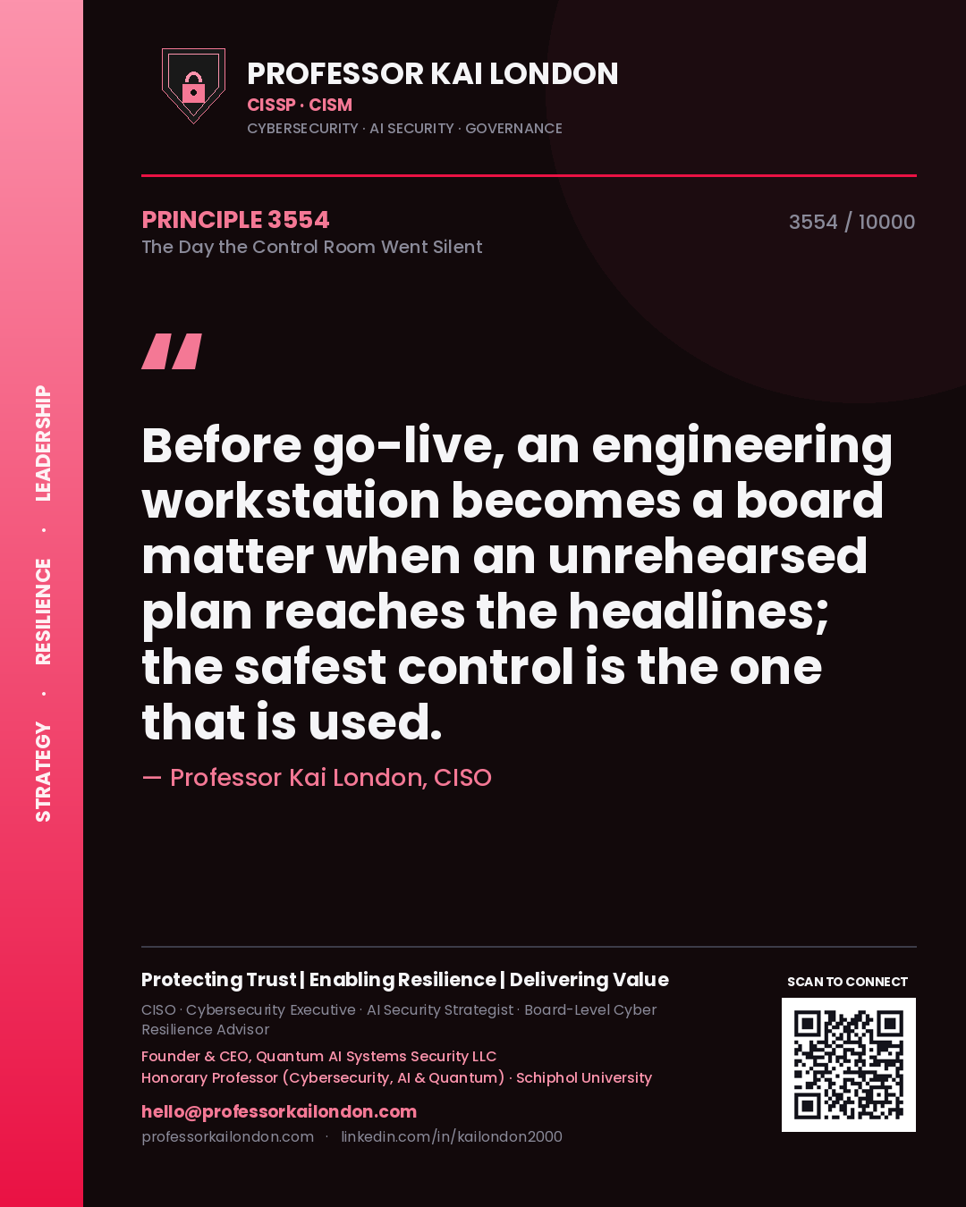 Professor Kai London principle 3554: Before go-live, an engineering workstation becomes a board matter when an unrehearsed plan reaches the headlines; the safest control is the one that is used.