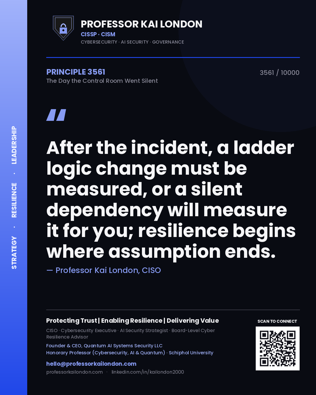 Quote card by Professor Kai London reading 'After the incident, a ladder logic change must be measured, or a silent dependency will measure it for you; resilience begins where assumption ends.'. From the book The Day the Control Room Went Silent.