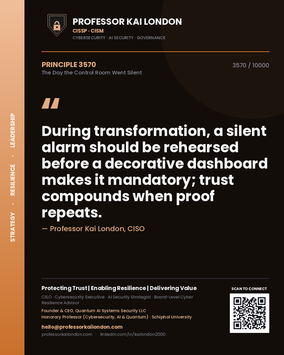 Quote card by Professor Kai London reading 'During transformation, a silent alarm should be rehearsed before a decorative dashboard makes it mandatory; trust compounds when proof repeats.'. From the book The Day the Control Room Went Silent.