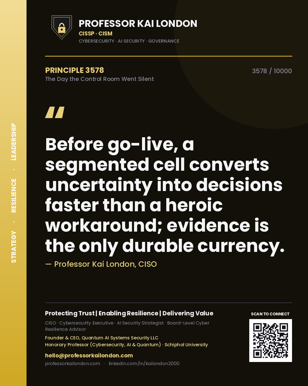Professor Kai London principle 3578: Before go-live, a segmented cell converts uncertainty into decisions faster than a heroic workaround; evidence is the only durable currency.