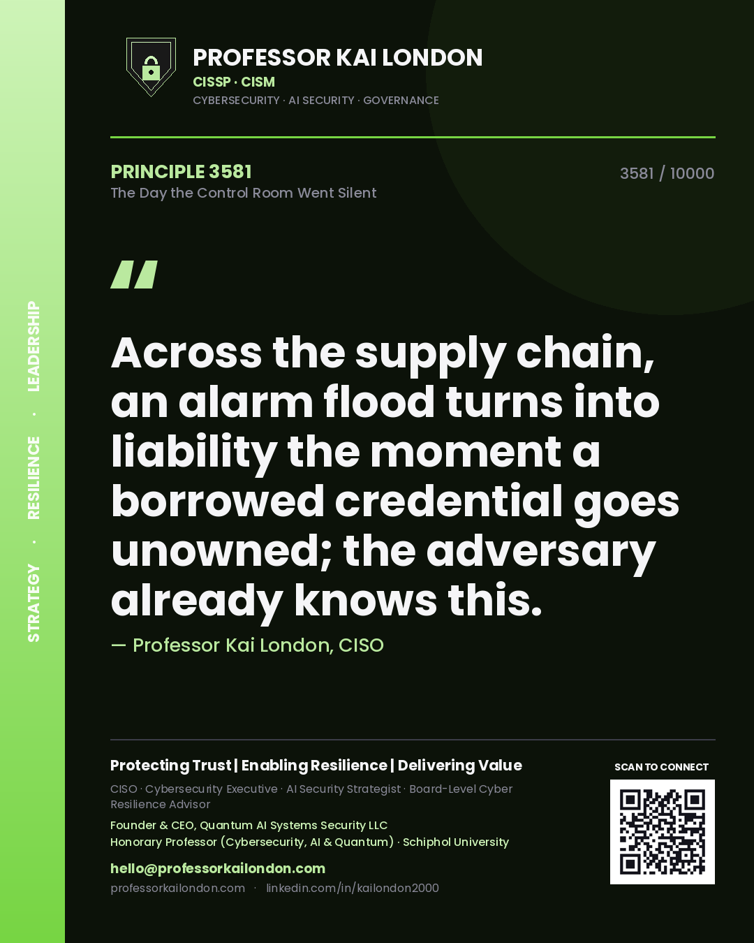 Quote card by Professor Kai London reading 'Across the supply chain, an alarm flood turns into liability the moment a borrowed credential goes unowned; the adversary already knows this.'. From the book The Day the Control Room Went Silent.