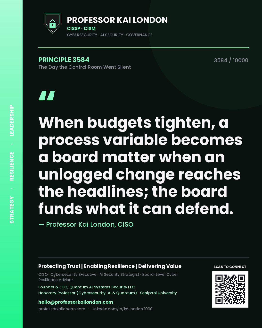 Quote card by Professor Kai London reading 'When budgets tighten, a process variable becomes a board matter when an unlogged change reaches the headlines; the board funds what it can defend.'. From the book The Day the Control Room Went Silent.