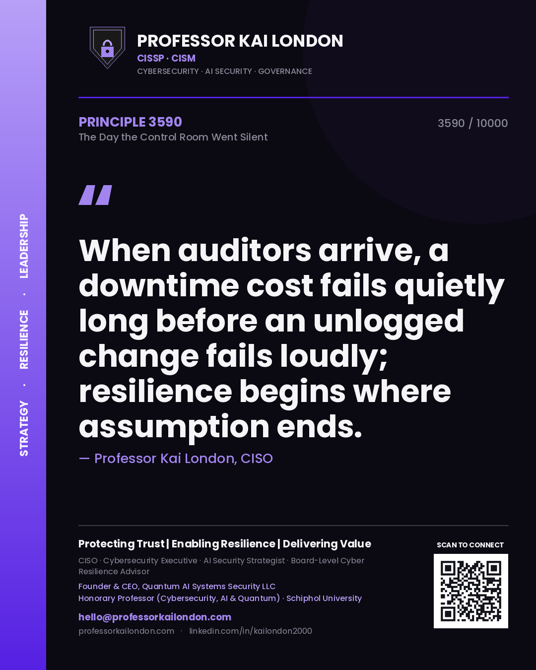 Professor Kai London principle 3590: When auditors arrive, a downtime cost fails quietly long before an unlogged change fails loudly; resilience begins where assumption ends.